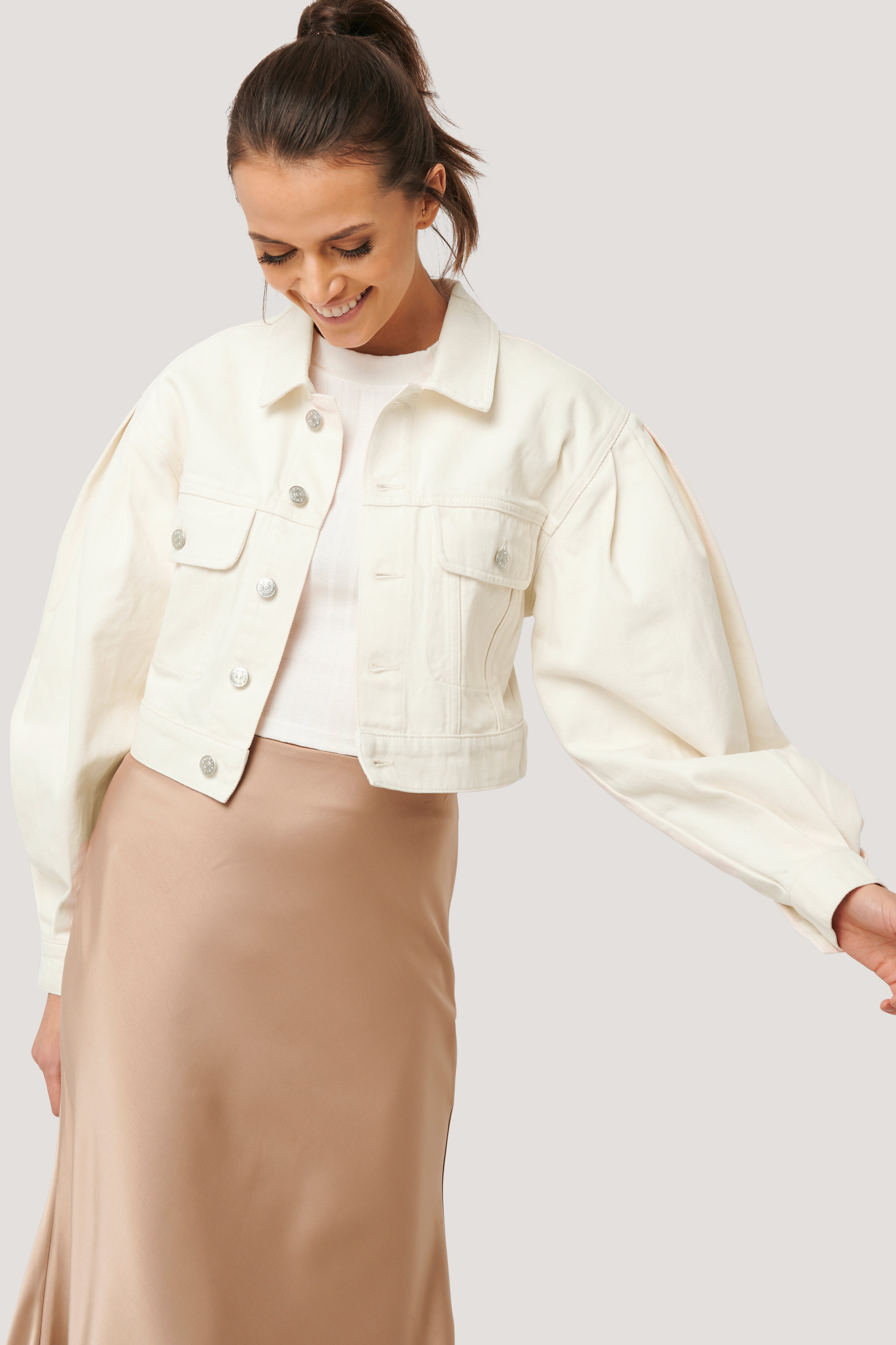 Eggshell NA-KD Trend Puff Sleeve Oversized Denim Jacket