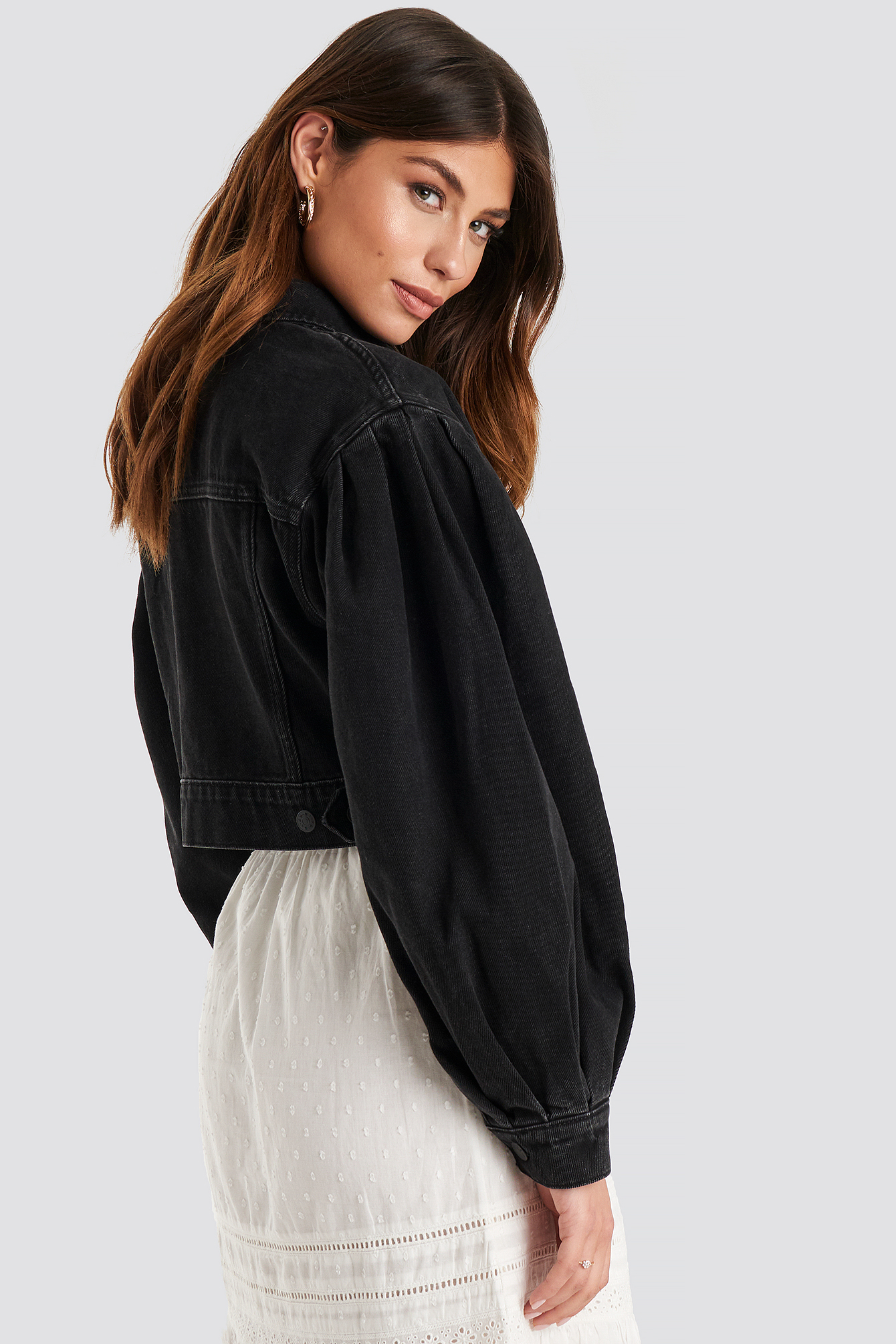 Puff Sleeve Oversized Denim Jacket Black