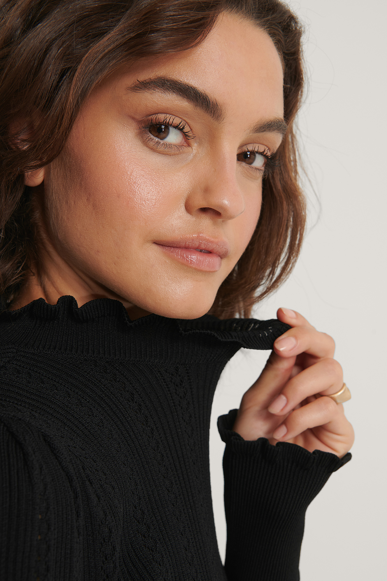 Puff Sleeve Pattern Knit Sweater Black