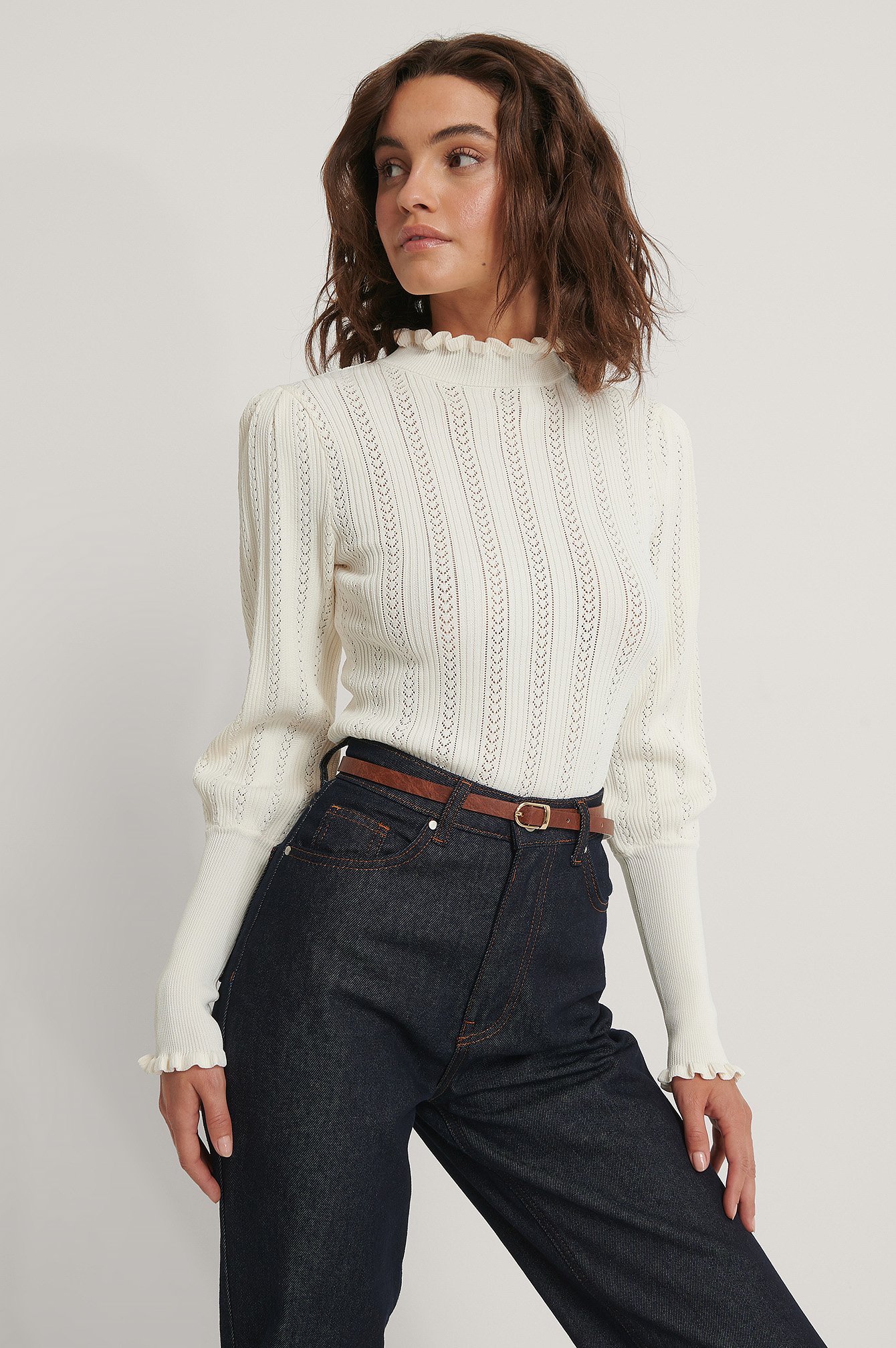 Puff Sleeve Pattern Knit Sweater Offwhite | NA-KD