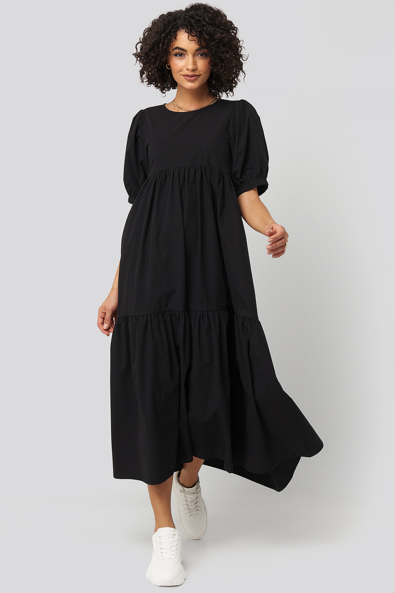 Puff Sleeve Pleated Tiered Midi Dress Black | NA-KD