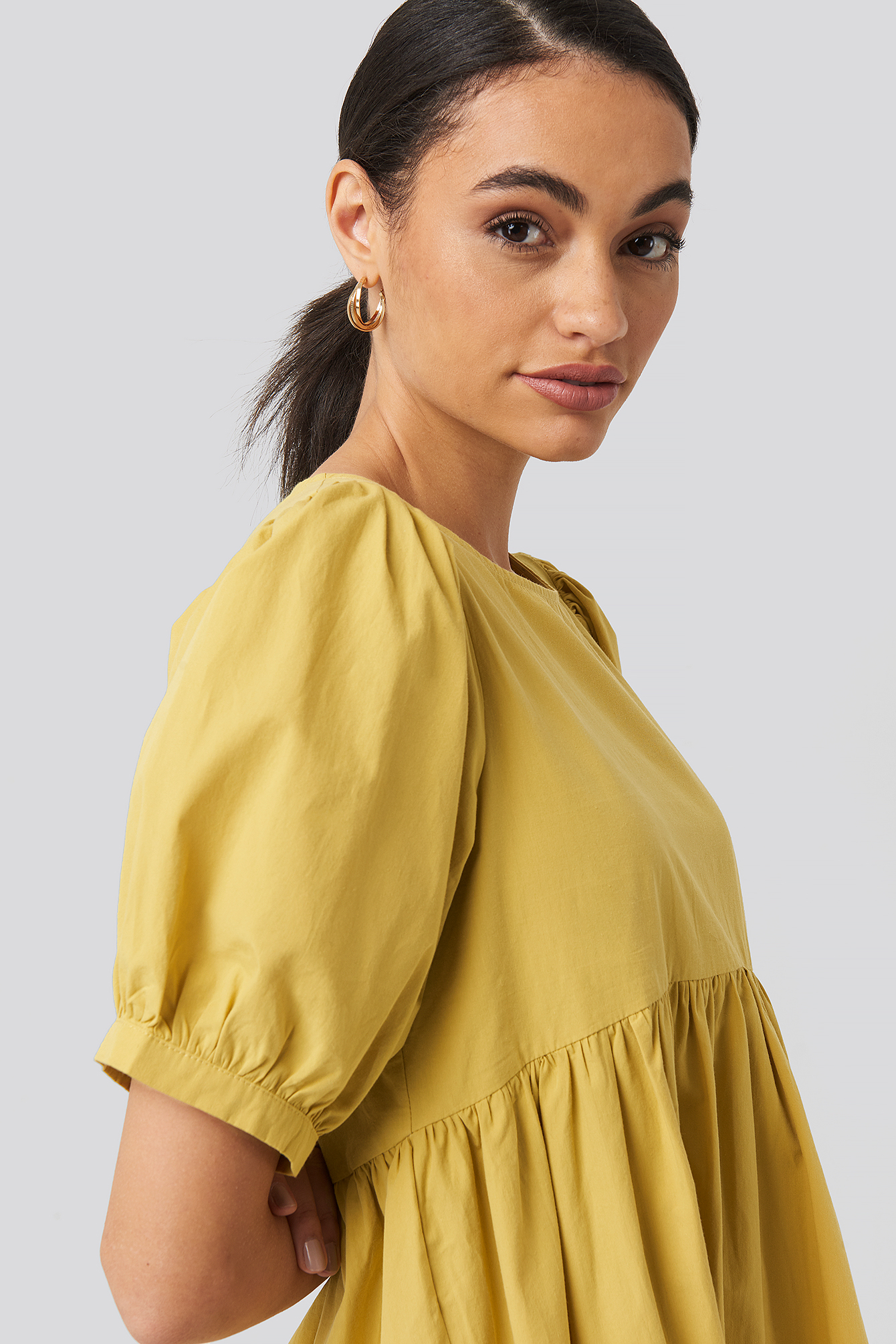 Yellow Puff Sleeve Pleated Tiered Midi Dress