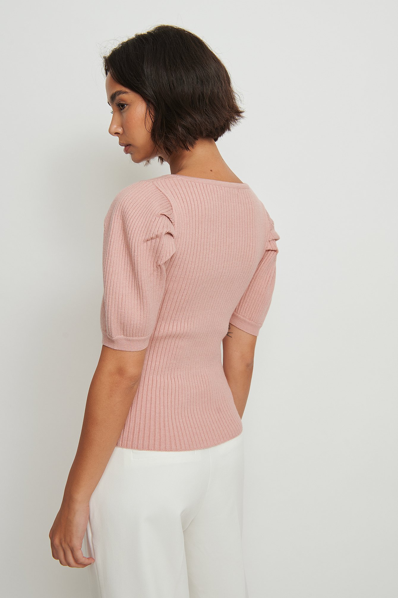 Dusty Pink Puff Sleeve Ribbed Knitted Top