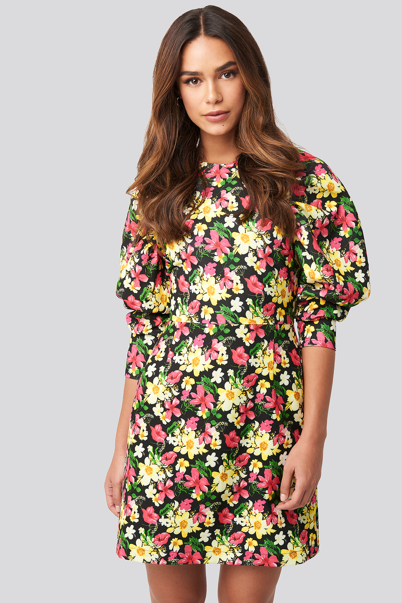Puff Sleeve Round Neck Mini Dress Floral