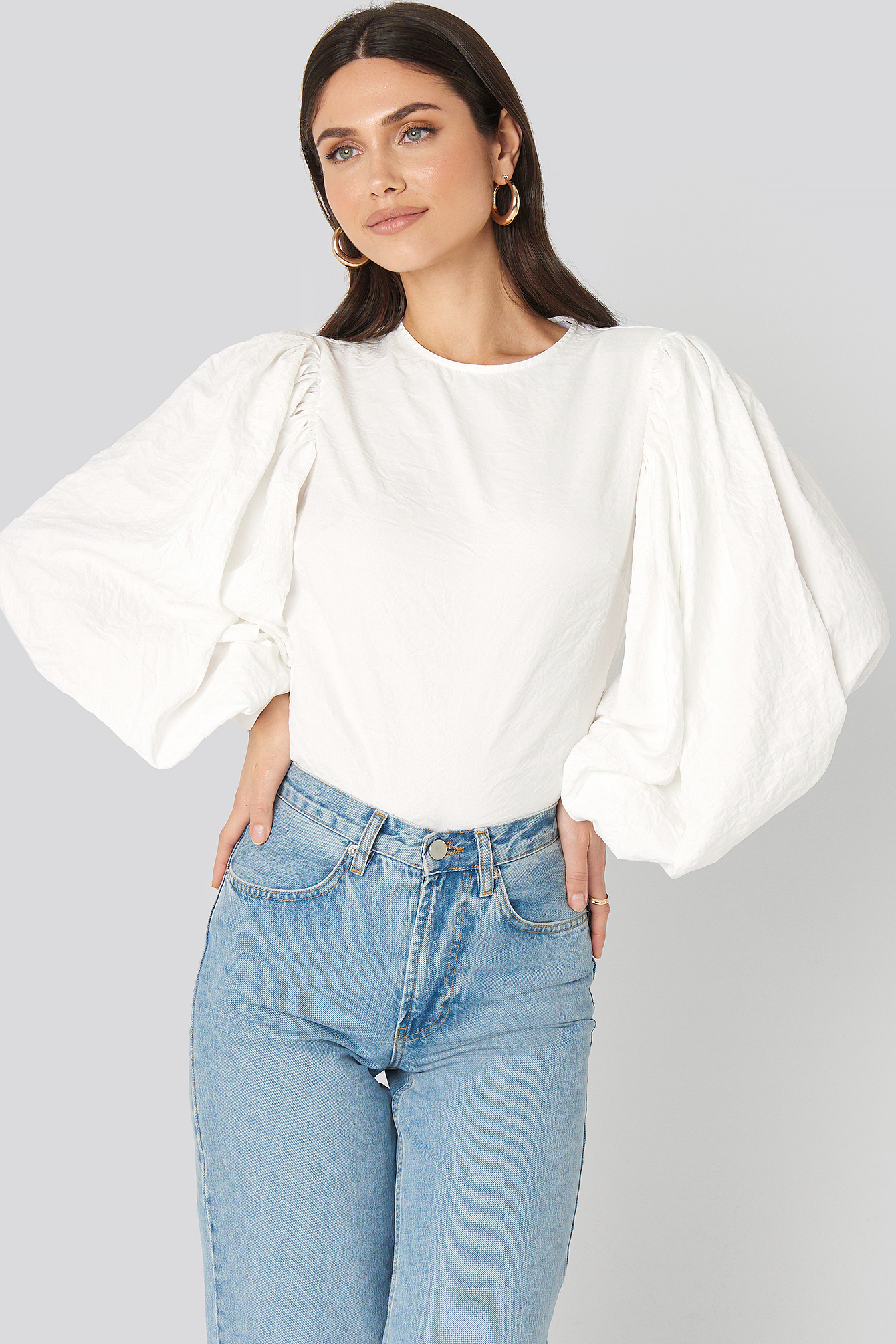 Puff Sleeve Round Neck Top White