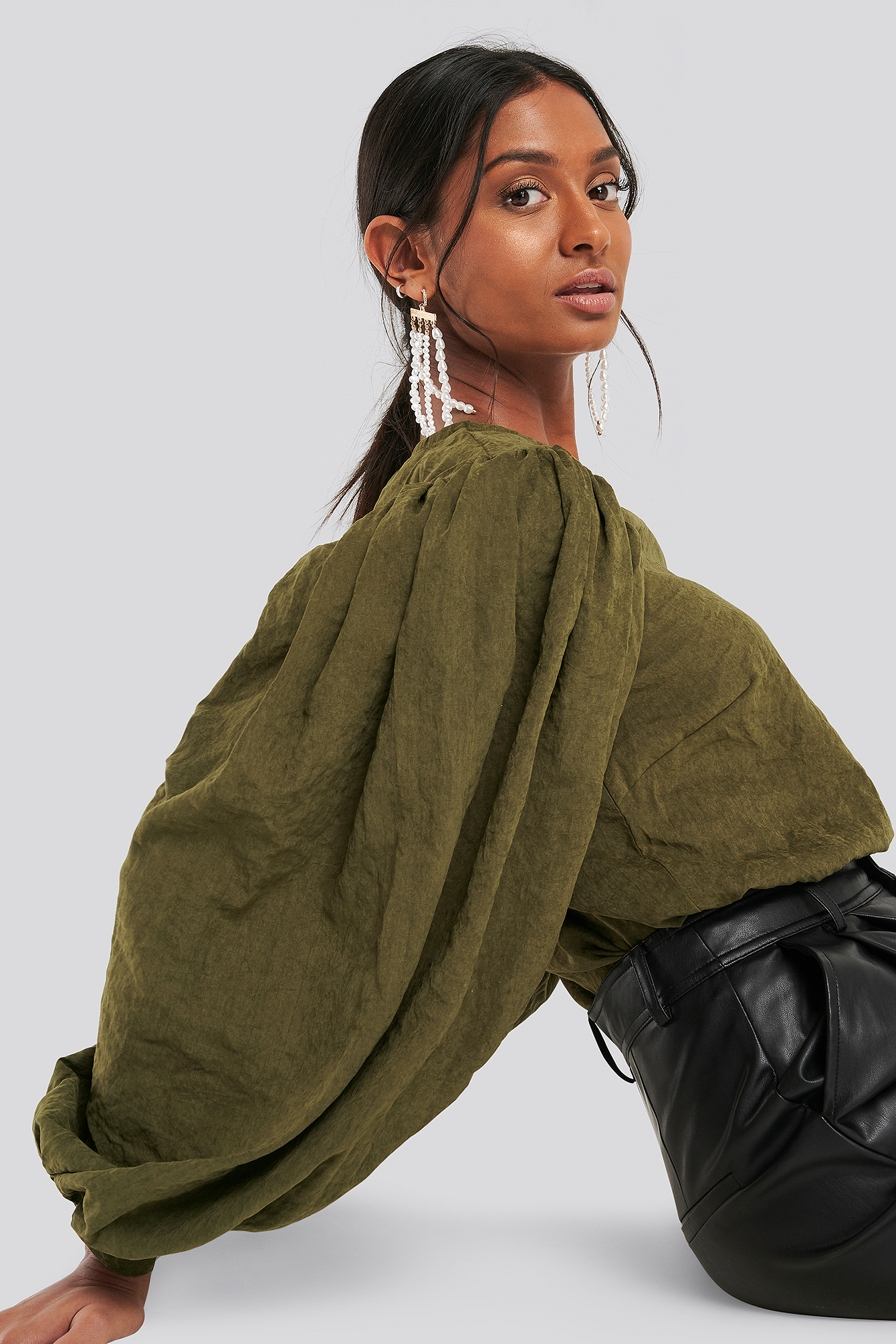 Puff Sleeve Round Neck Top Khaki