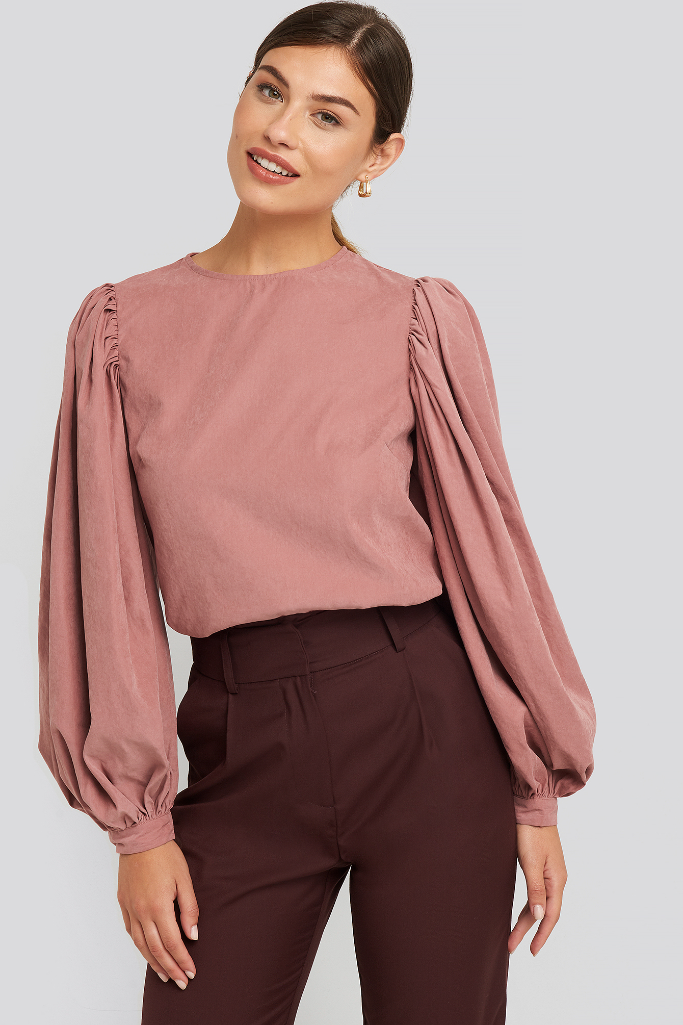 Puff Sleeve Round Neck Top Dusty Dark Pink