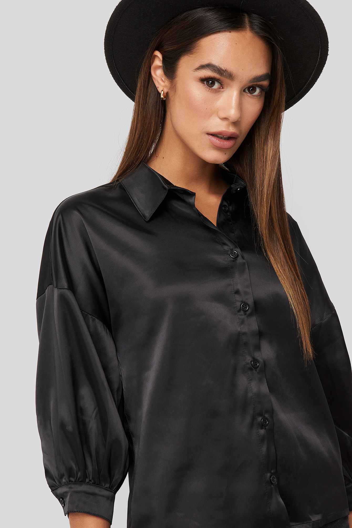 Puff Sleeve Satin Blouse Black