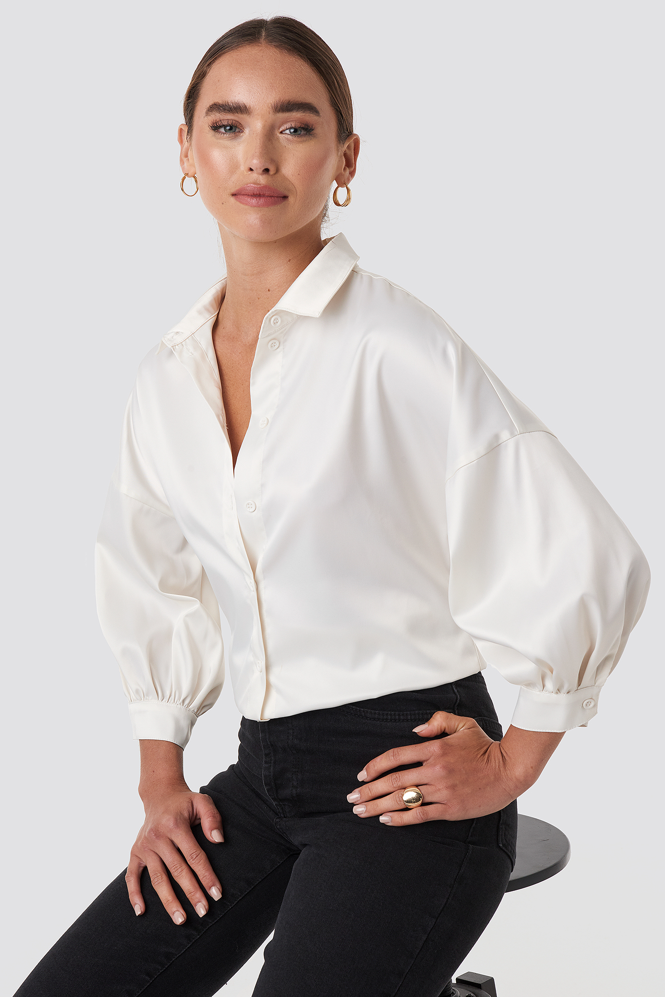 Puff Sleeve Satin Blouse Beige