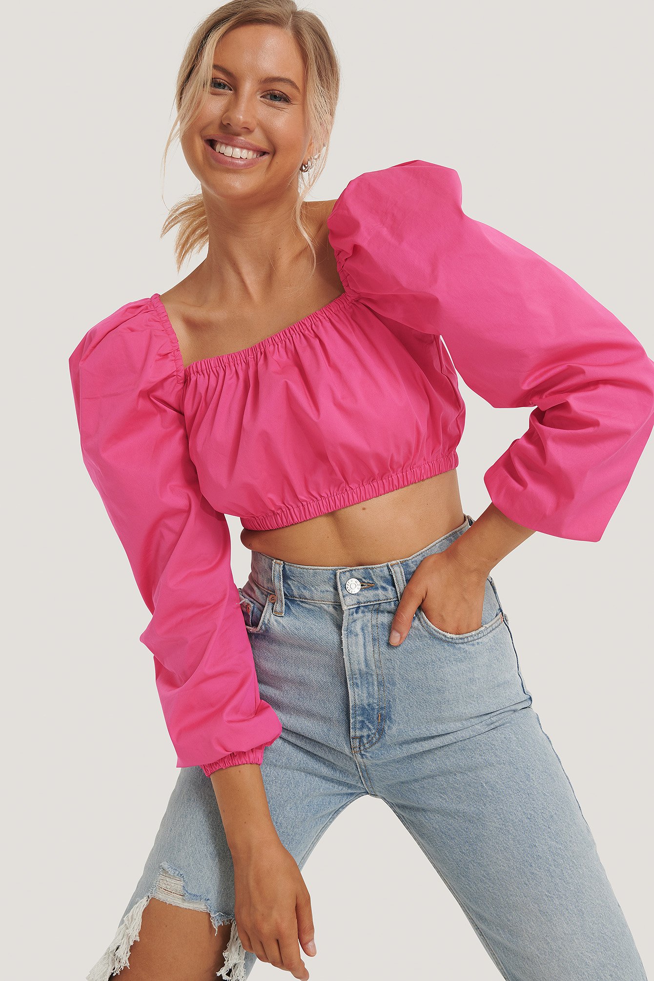 Na-kd Puff Sleeve Square Neck Top Pink