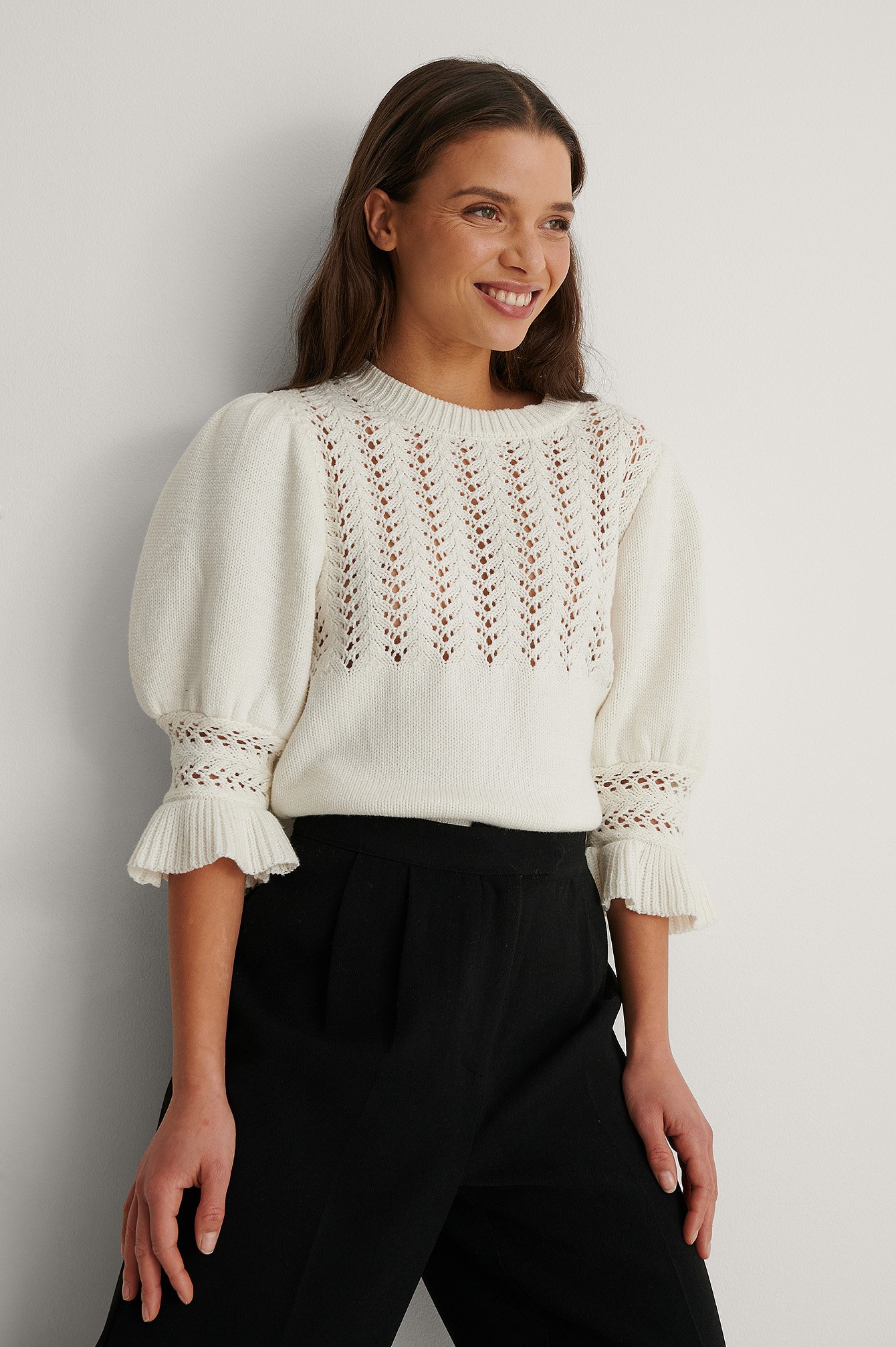 White Puff Sleeve Structure Knitted Sweater