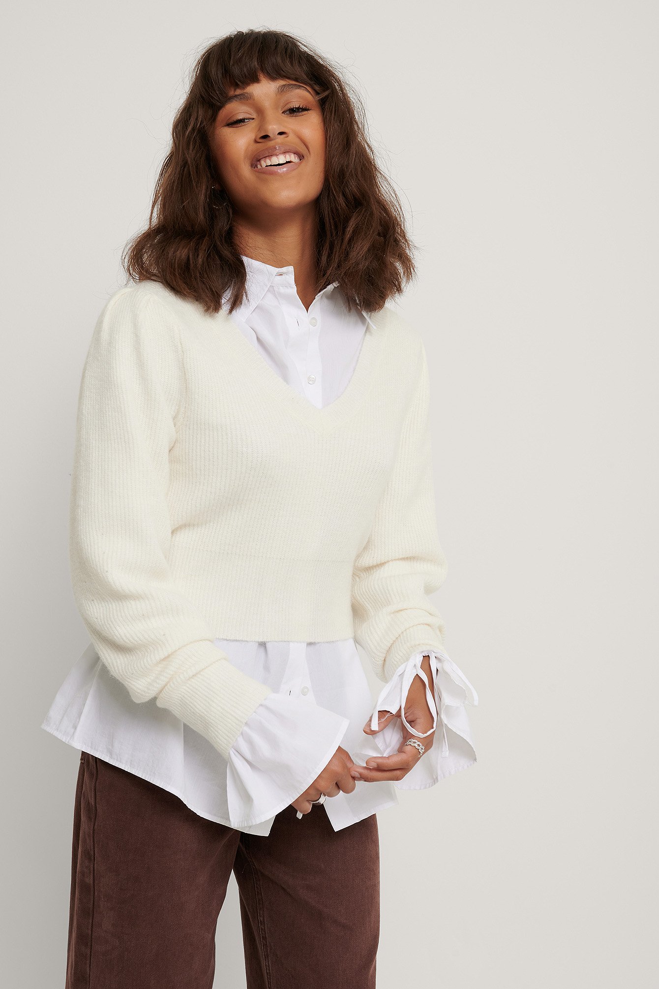 White Puff Sleeve V-neck Knitted Sweater