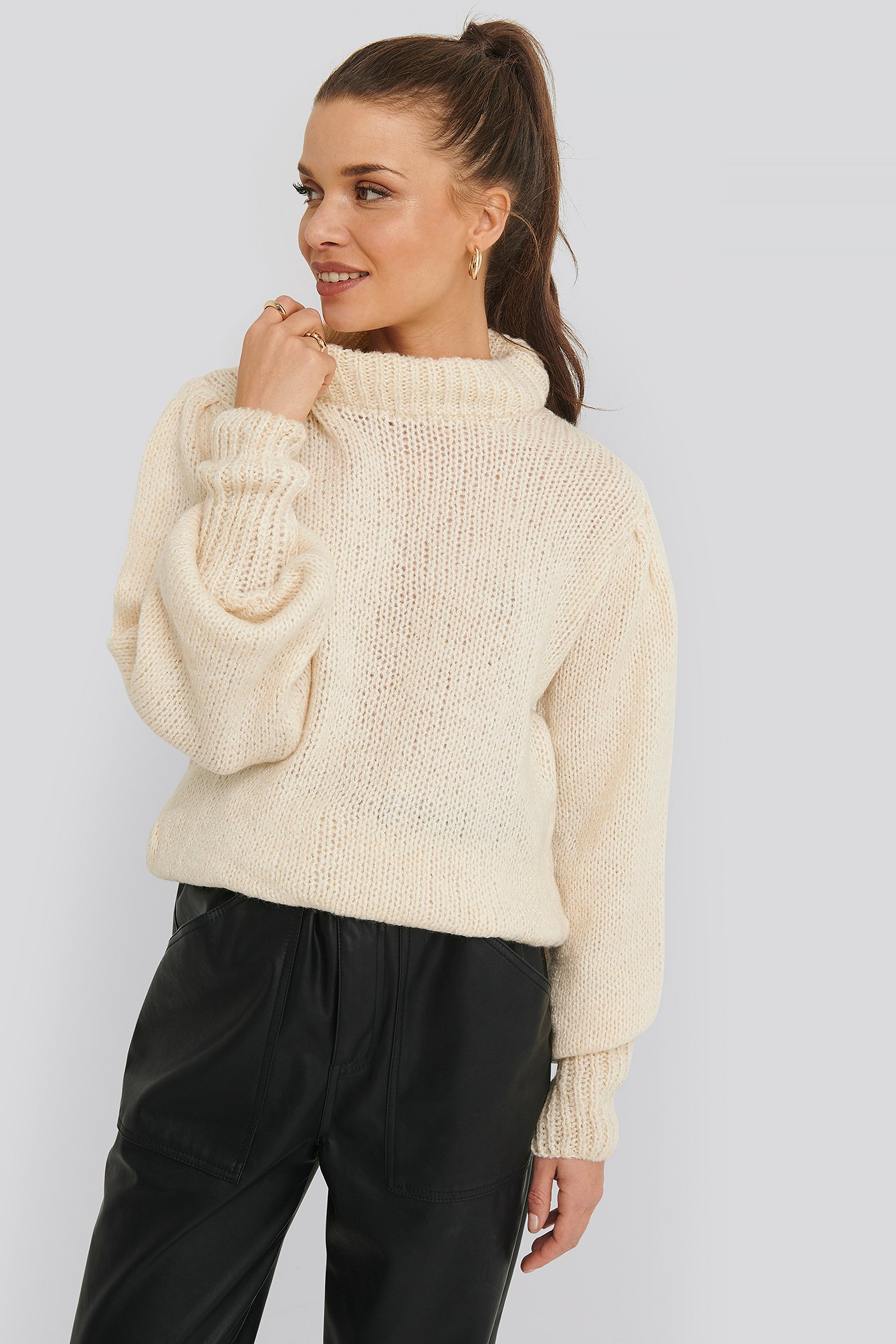 Puff Sleeve Wide Neck Knitted Sweater White | NA-KD