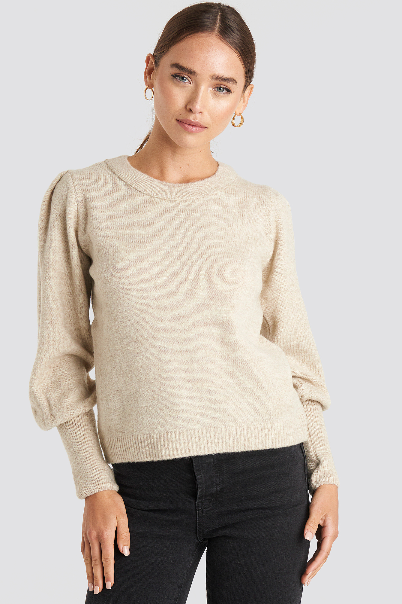 Puff Sleeve Wide Rib Knitted Sweater Beige NAKD
