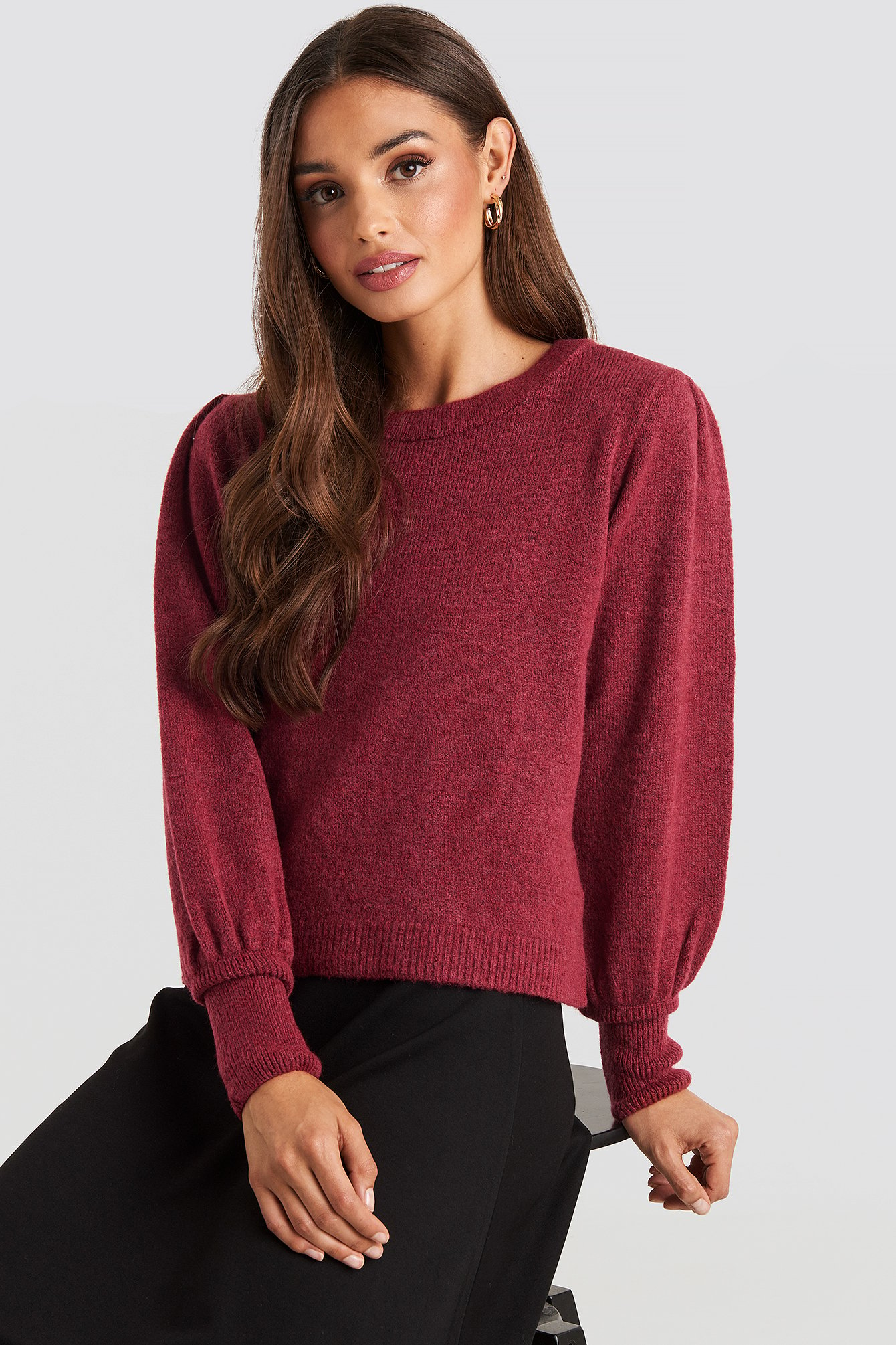 Puff Sleeve Wide Rib Knitted Sweater Red | na-kd.com