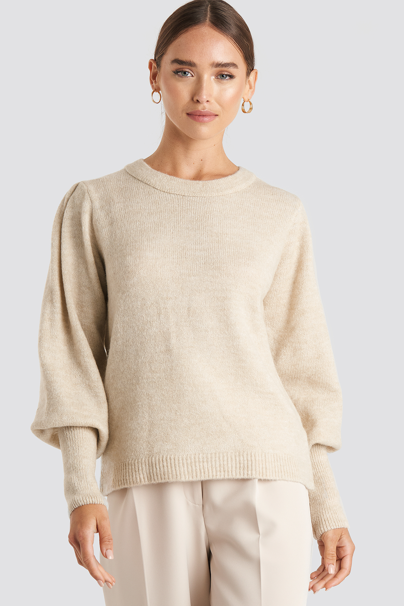 Puff Sleeve Wide Rib Knitted Sweater White