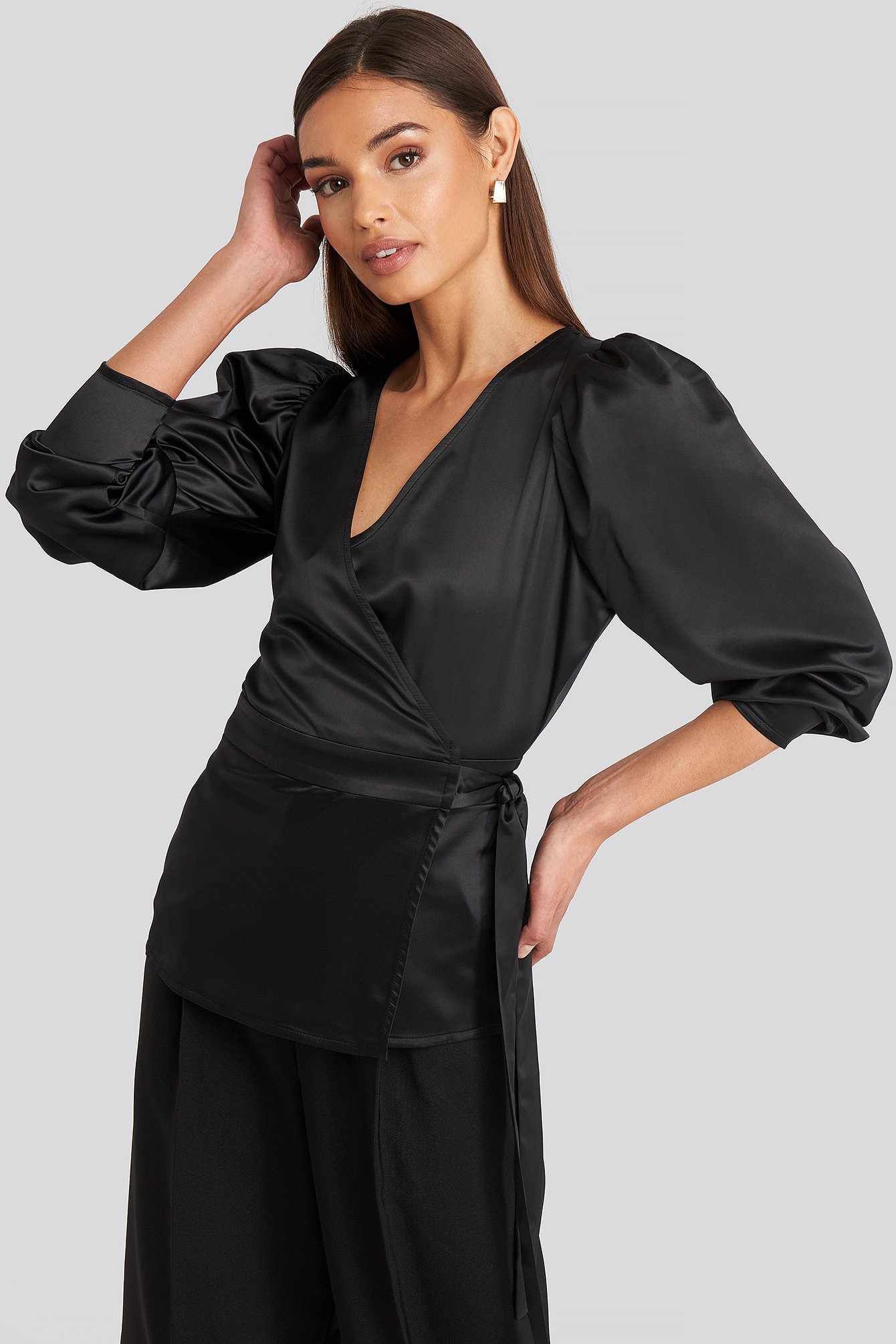 NA-KD Party Puff Sleeve Wrap Blouse - Black