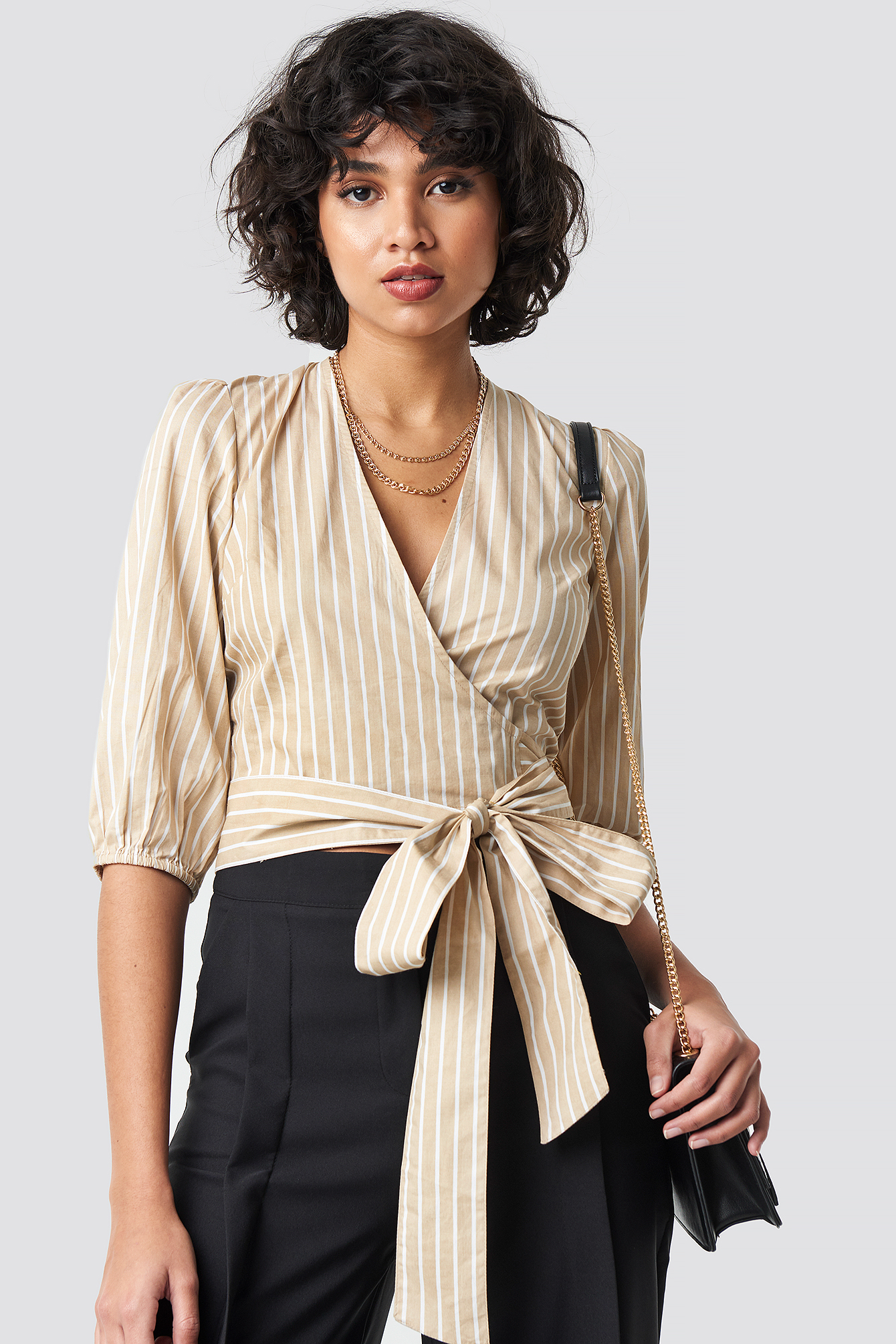 Puff Sleeve Wrap Crop Top Stripe