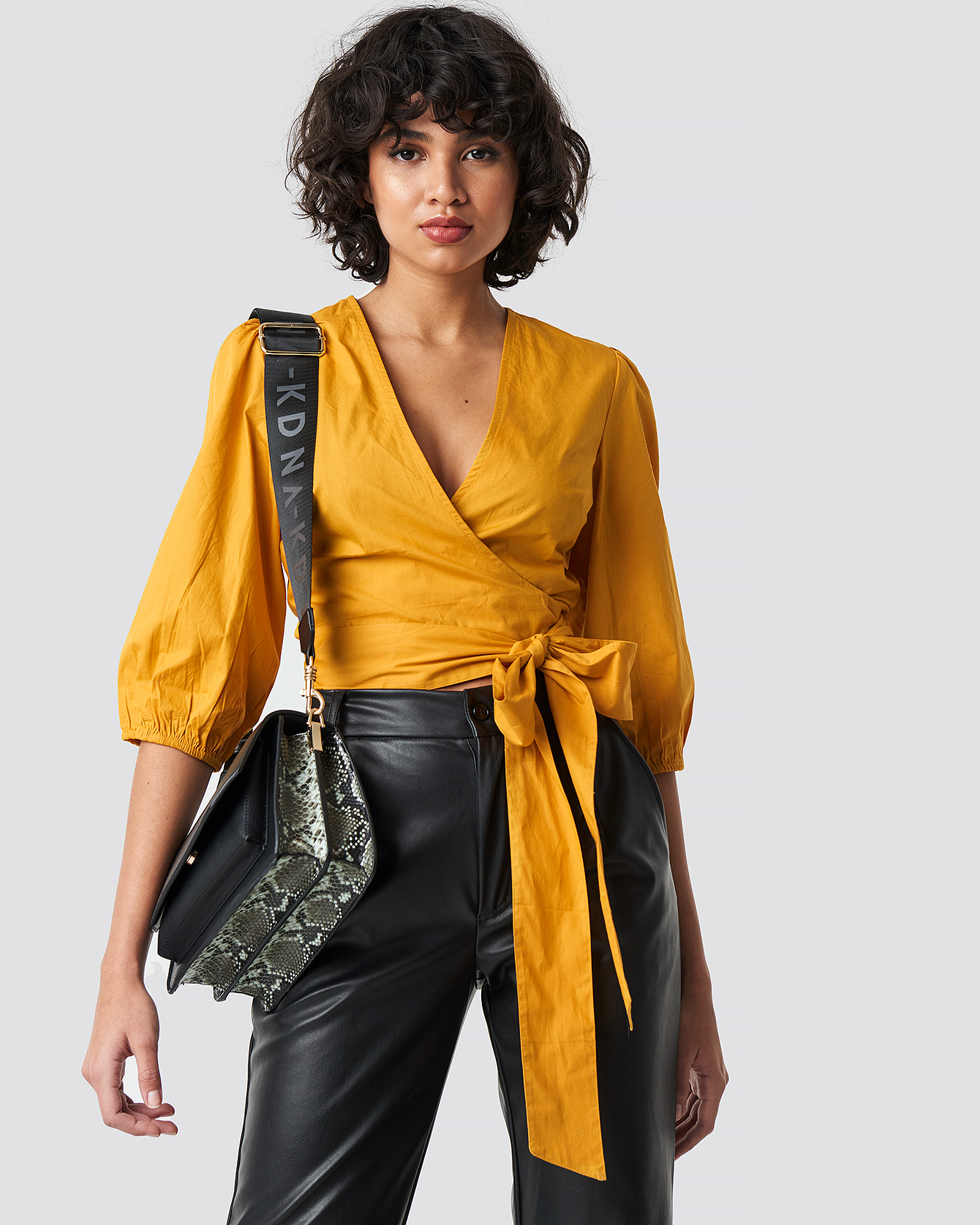 Puff Sleeve Wrap Crop Top Mustard Yellow