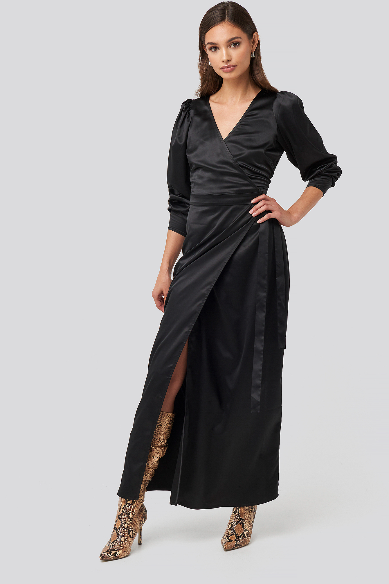 Puff Sleeve Wrap Maxi Dress Deep Black