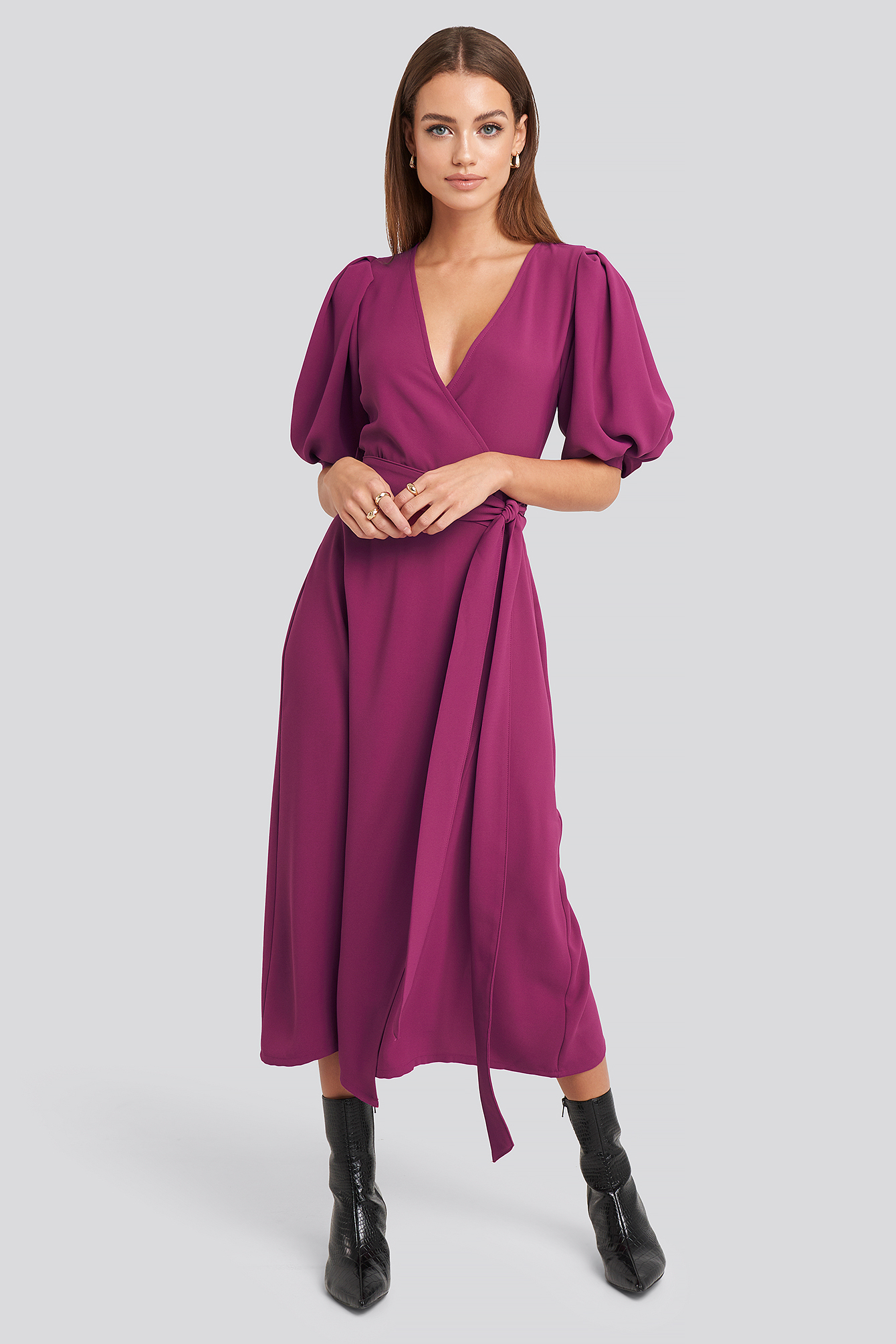 Puff Sleeve Wrap Midi Dress Pink
