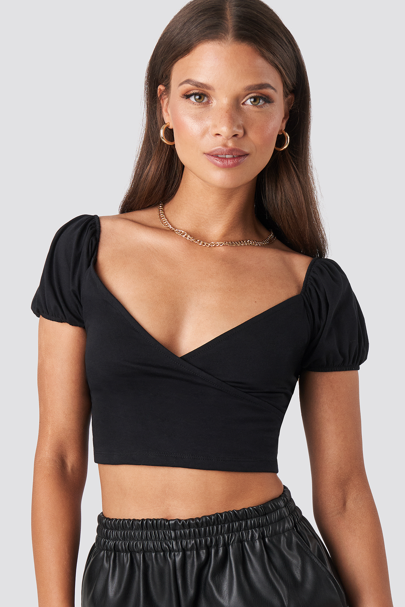 Puff Sleeve Wrap Top Deep Black