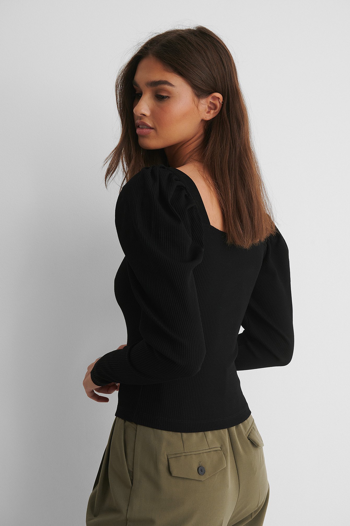 Black Puff Sleeved Square Neck Top