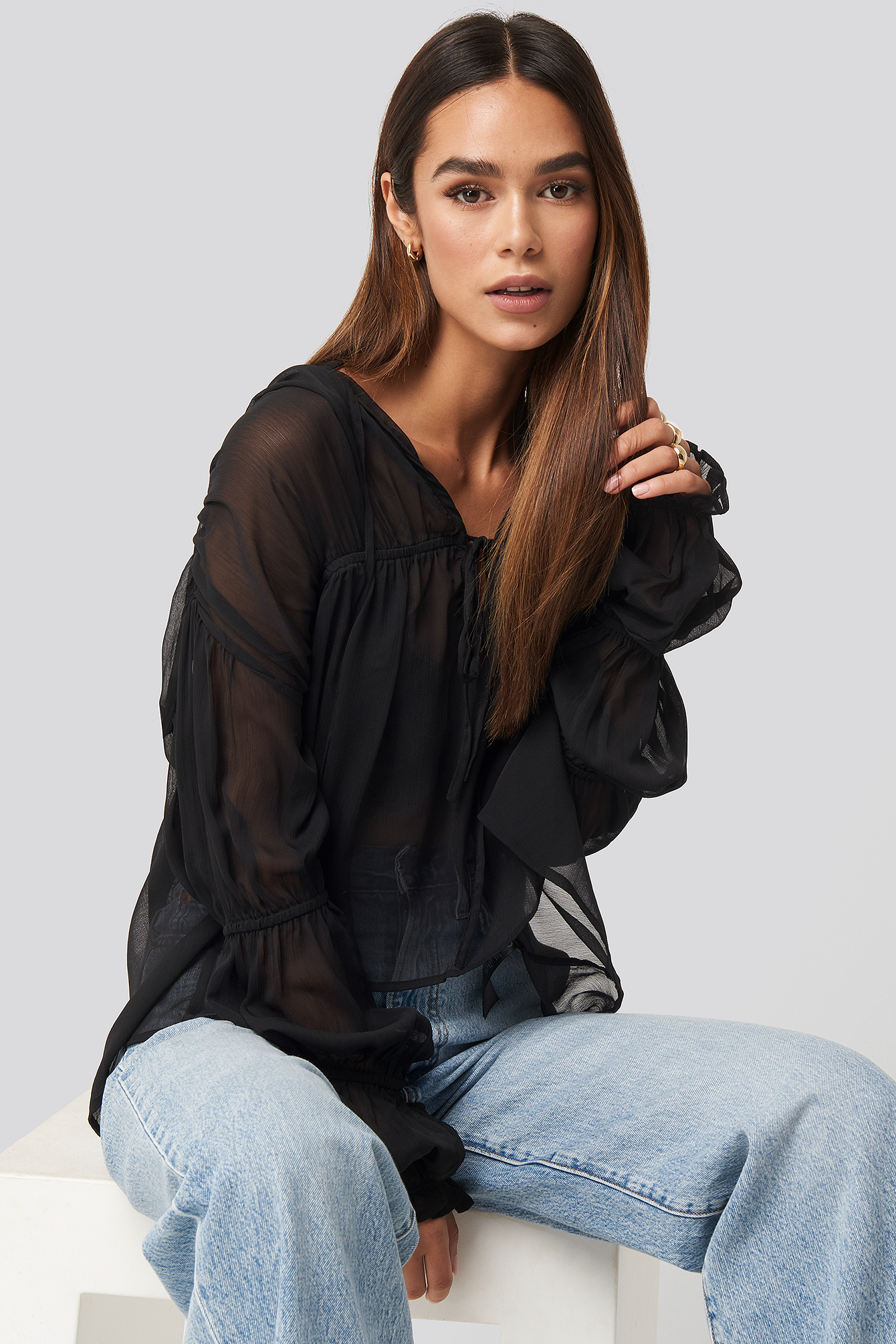Puffy Sleeve Draped Chiffon Blouse Black