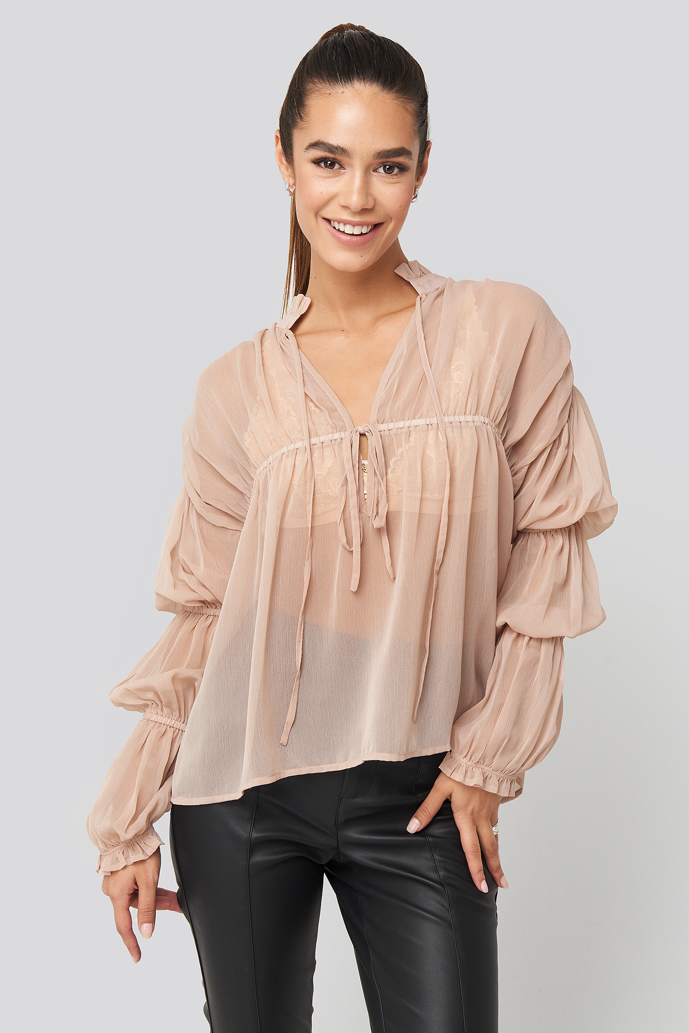 Puffy Sleeve Draped Chiffon Blouse Light Pink