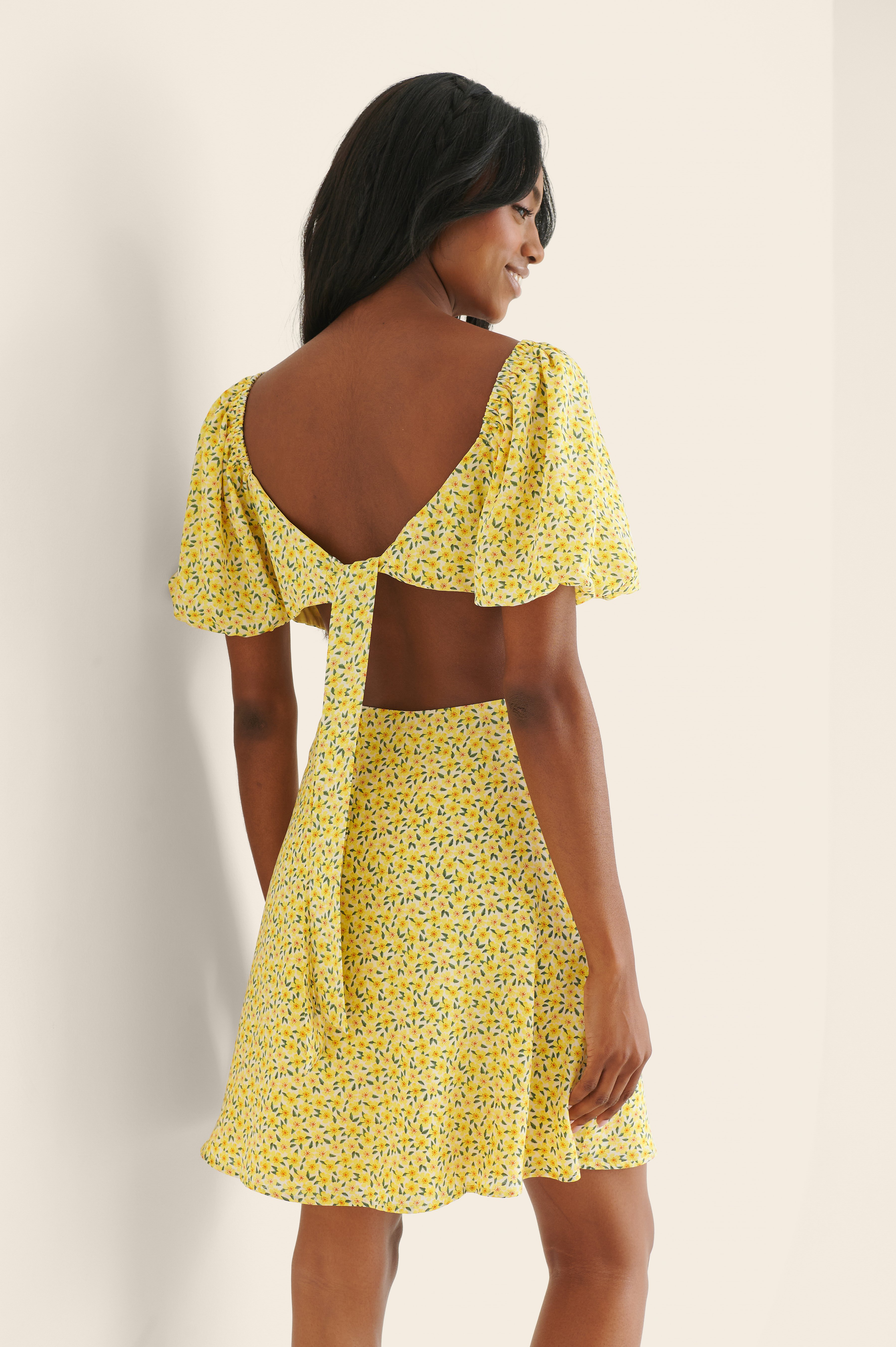 Yellow Flower Puffy Sleeve Ruched Mini Dress