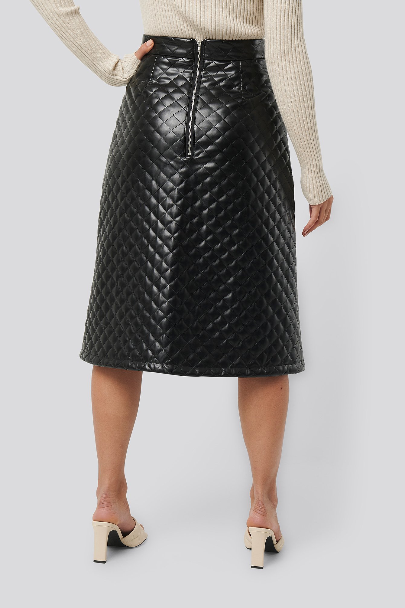 Black Quilted PU Midi Skirt