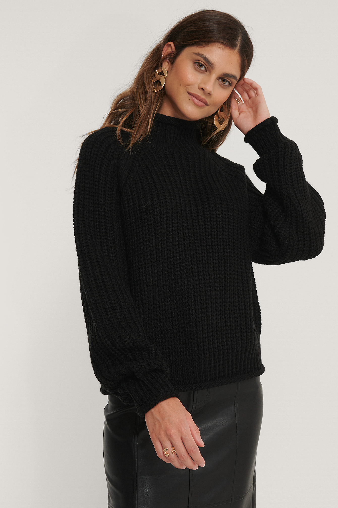 Raglan Sleeve High Neck Knitted Sweater 