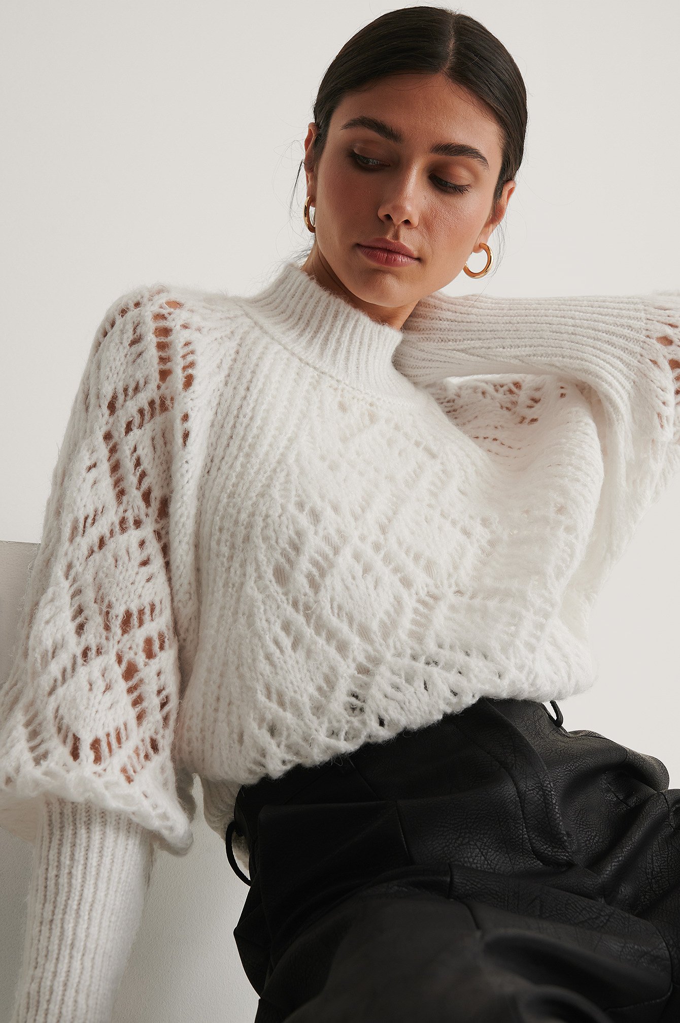 Raglan Sleeve Pointelle Stitch Knitted Sweater White | na-kd.com