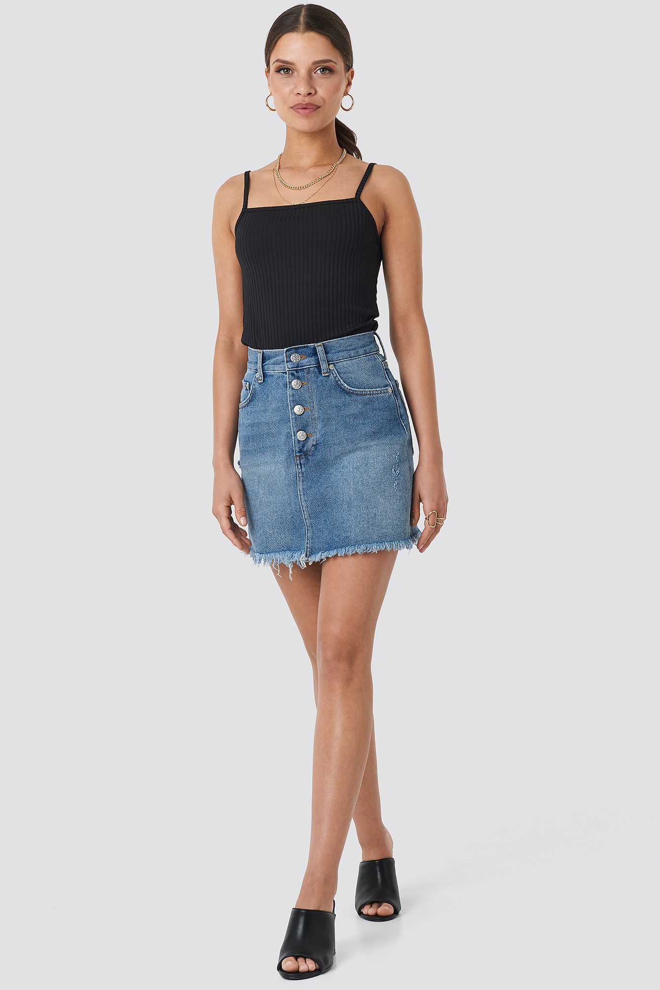 Raw Hem Button Up Mini Skirt Mid Blue Wash
