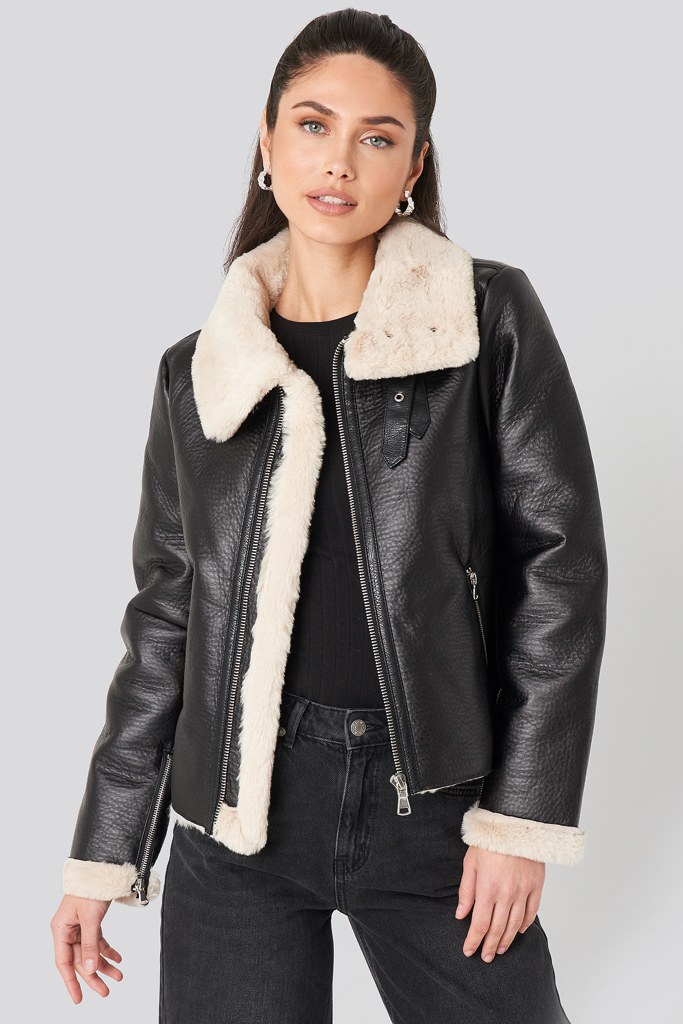 Raw Edge Cropped Aviator Jacket Black