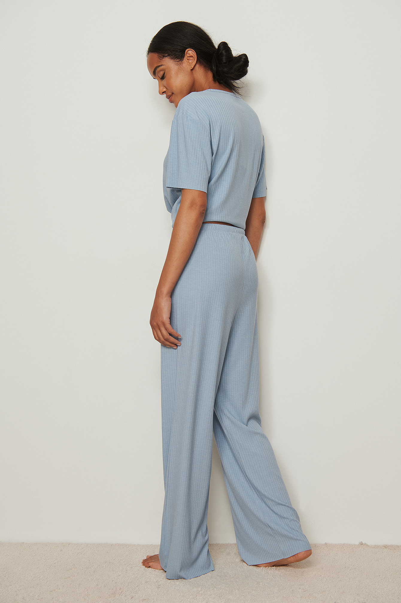 Raw Edge Ribbed Pants Blue | na-kd.com