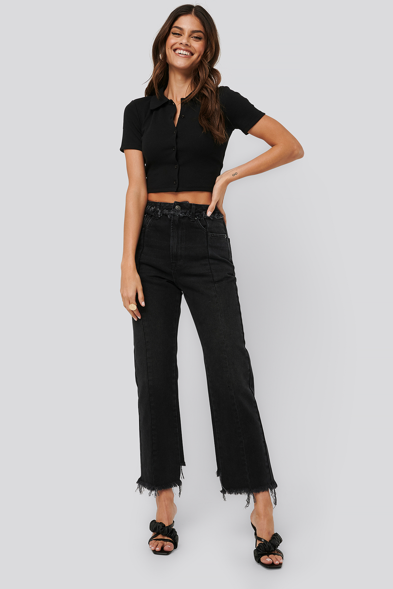 Raw Edge Straight Jeans Washed Black