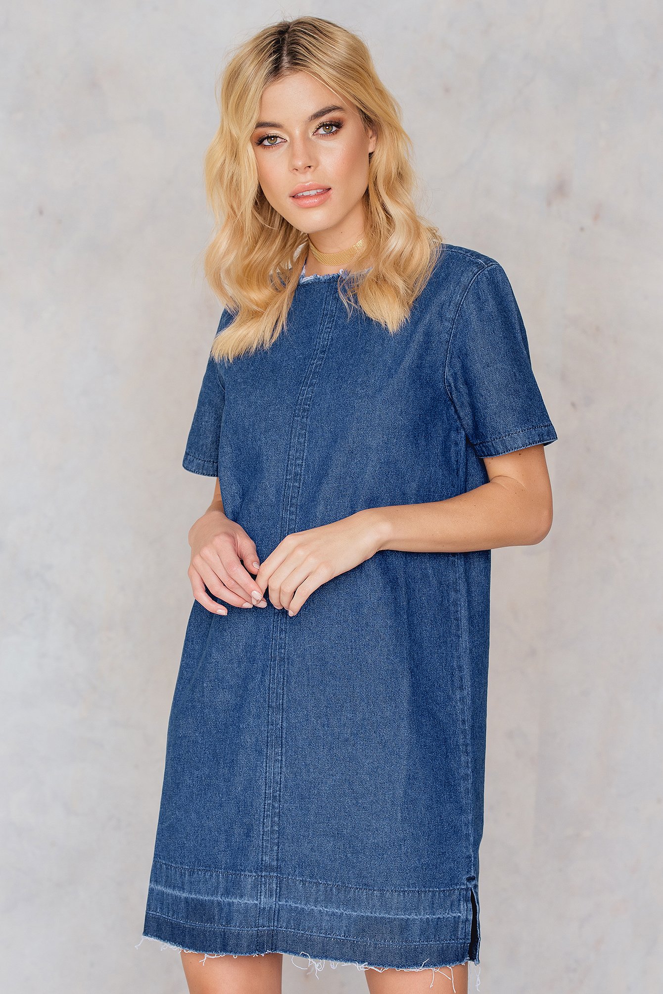 raw hem denim dress