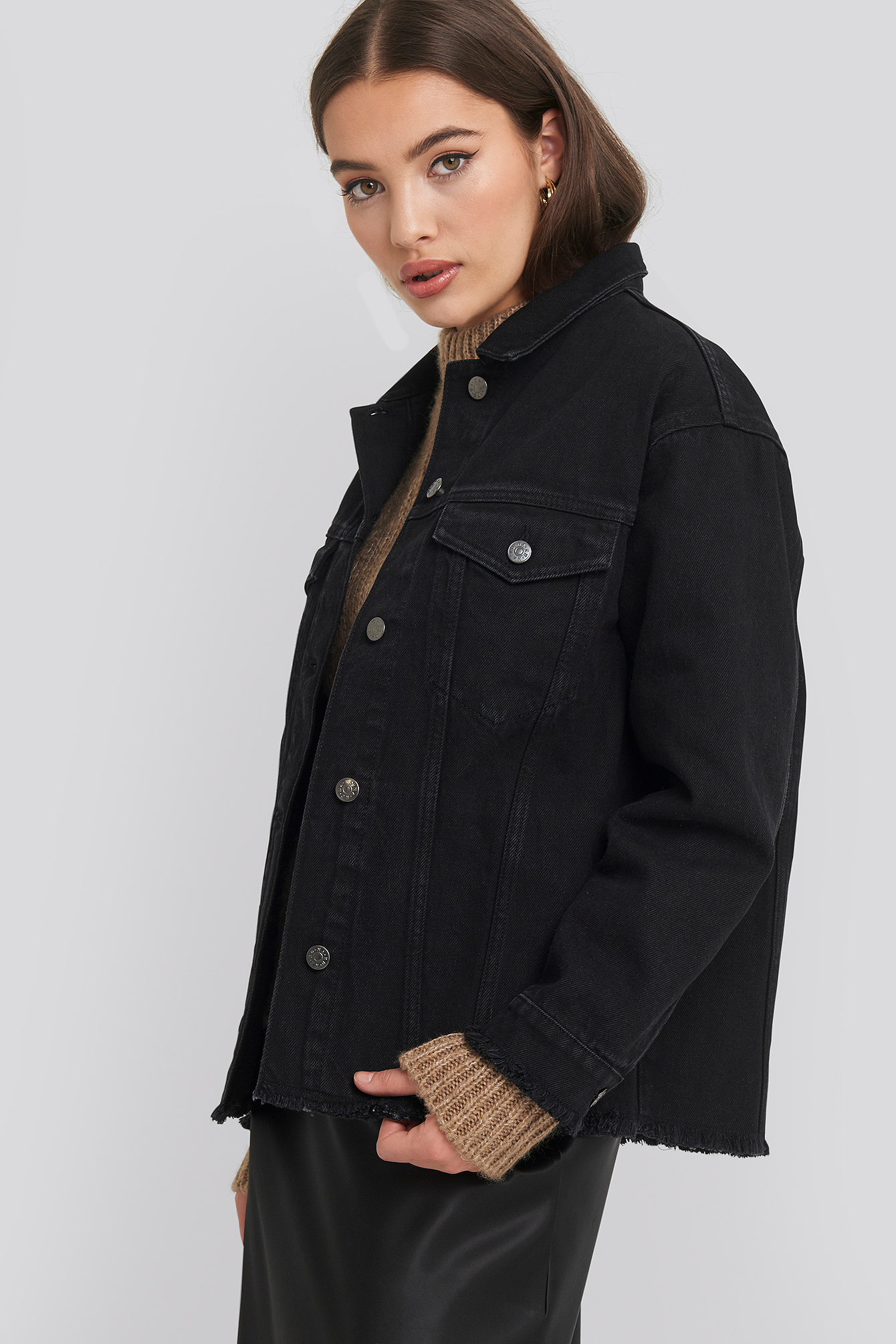 Raw Hem Long Denim Jacket Black