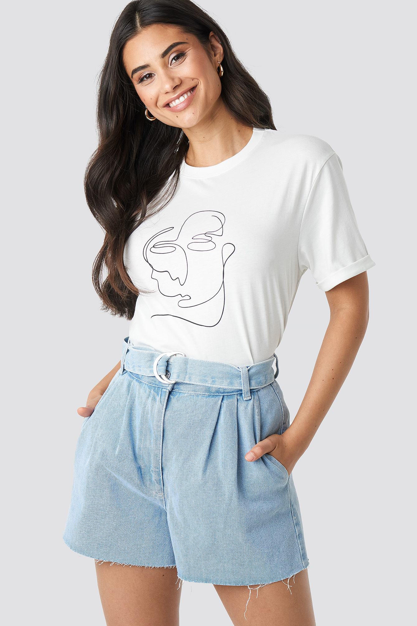 Raw Hem Paperbag Waist Denim Shorts Light Blue