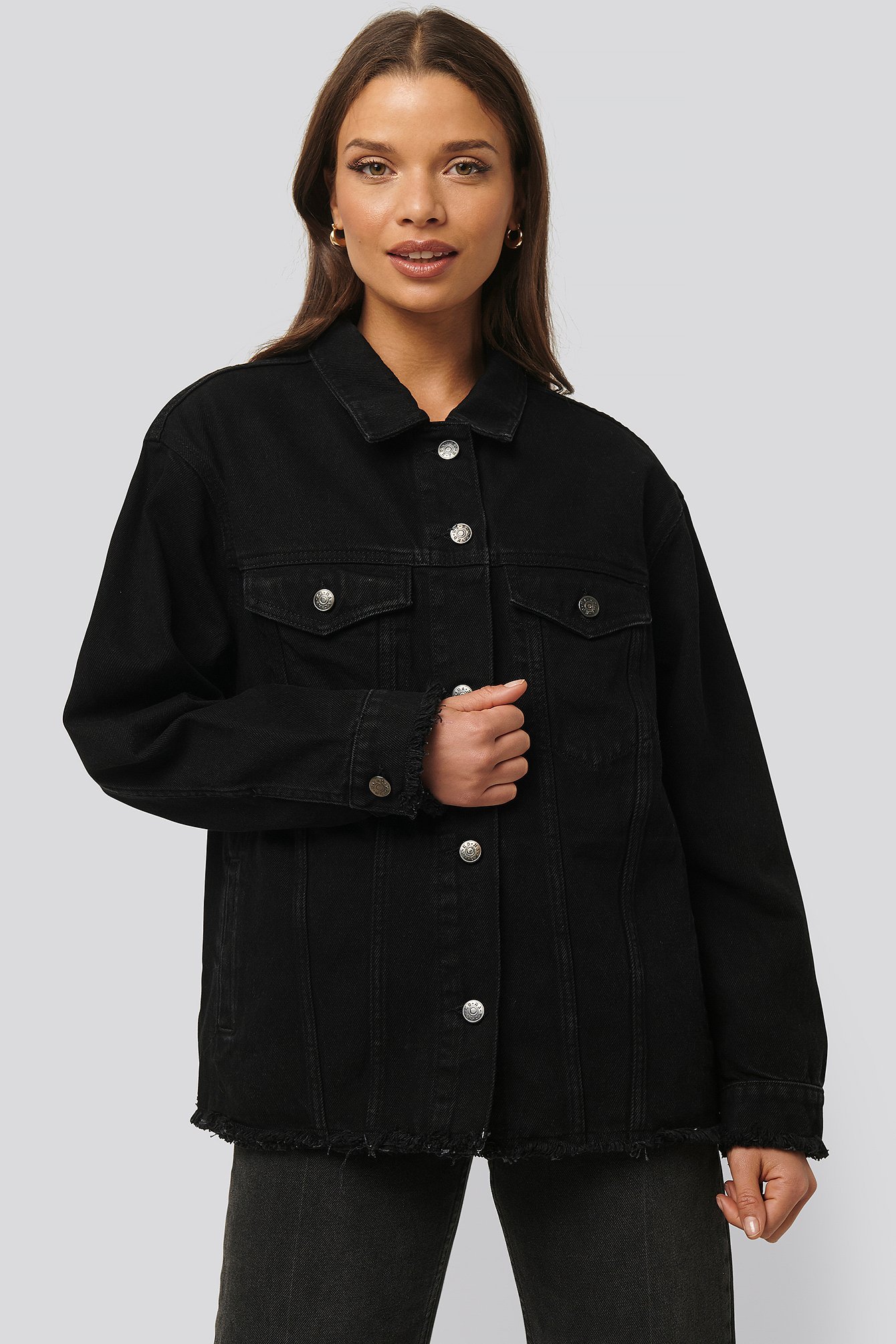 Raw Hem Long Denim Jacket Sort NAKD