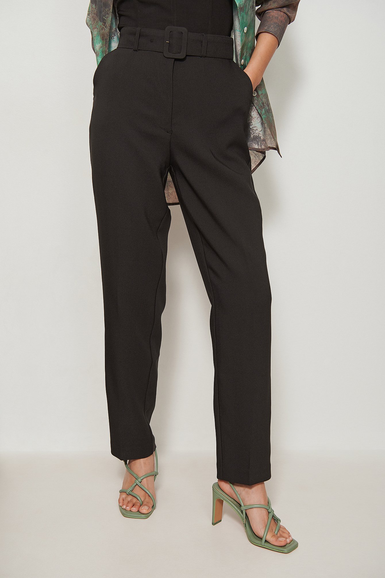 Black Recycled Belted Suit Pants
