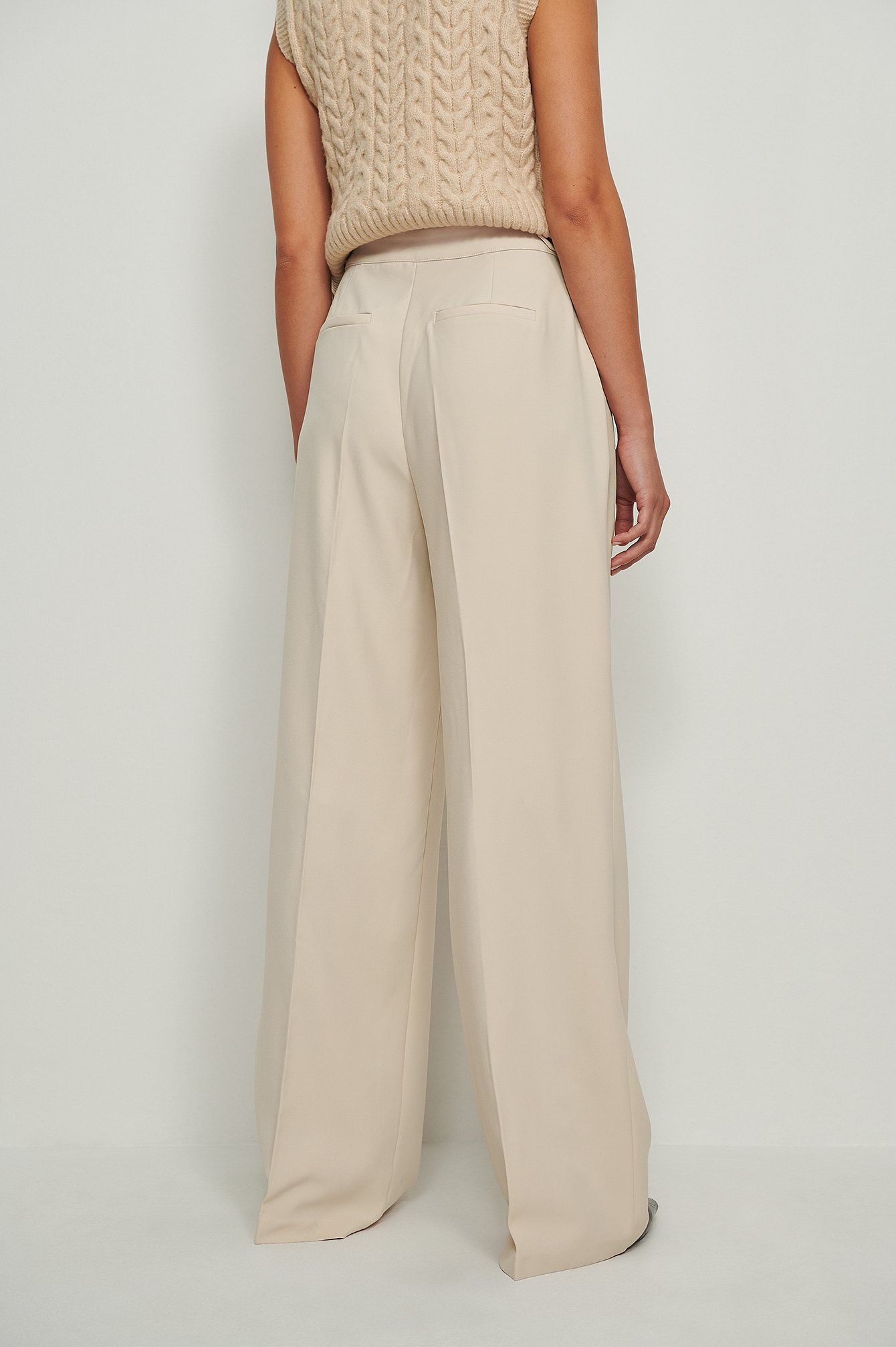 Sand Recycled Button Detailed Wide Leg Trousers