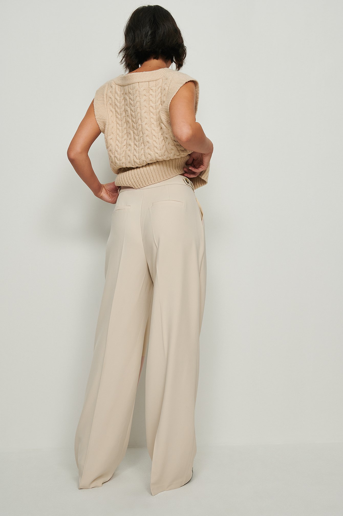 Sand Recycled Button Detailed Wide Leg Trousers