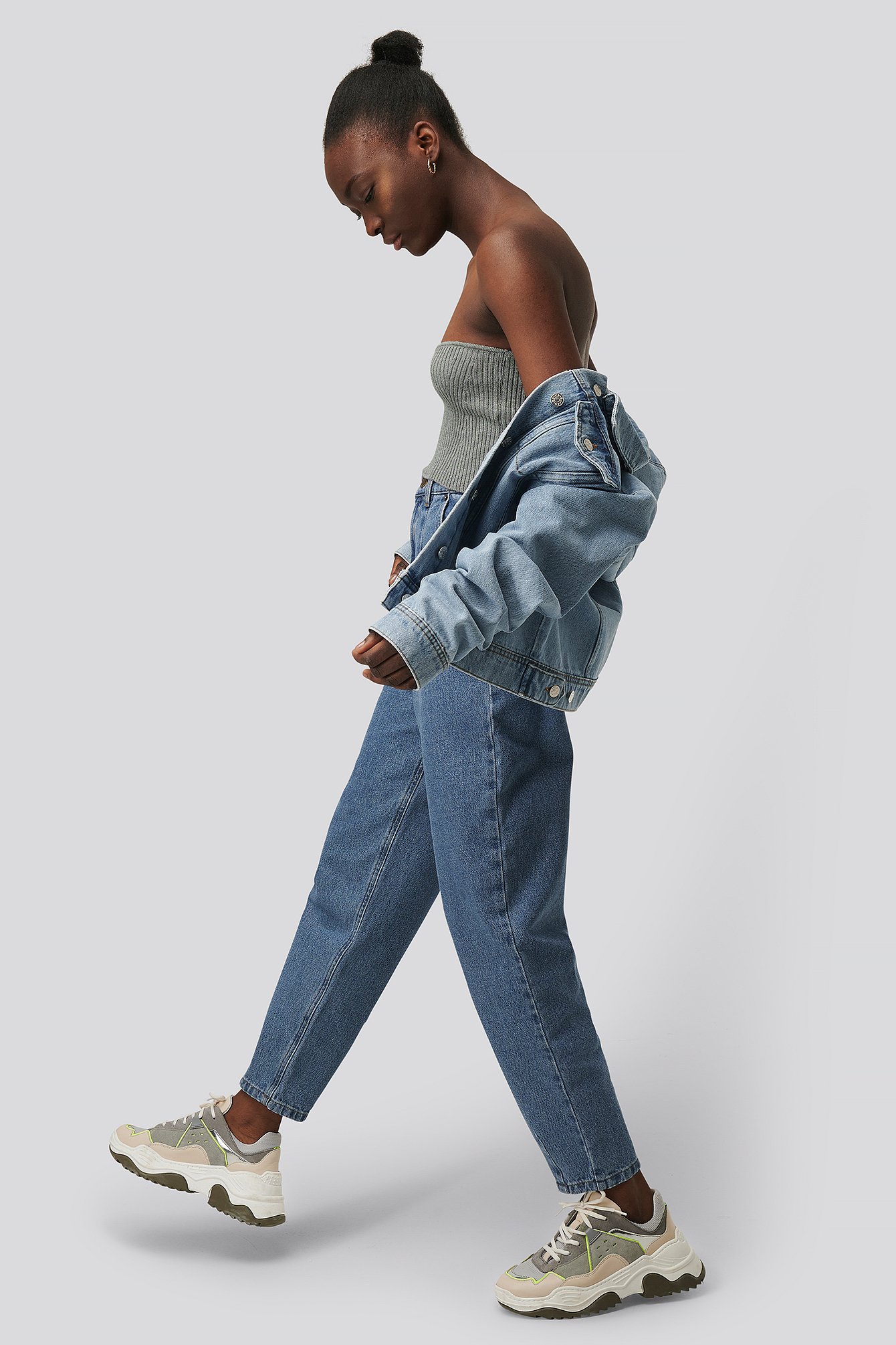 Mid Blue NA-KD Reborn Recycled Cropped Balloon Leg Jeans