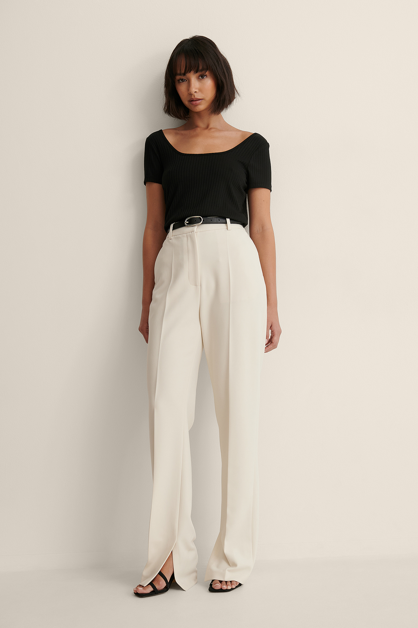 Deep Round Neck Rib Short Sleeve Top 