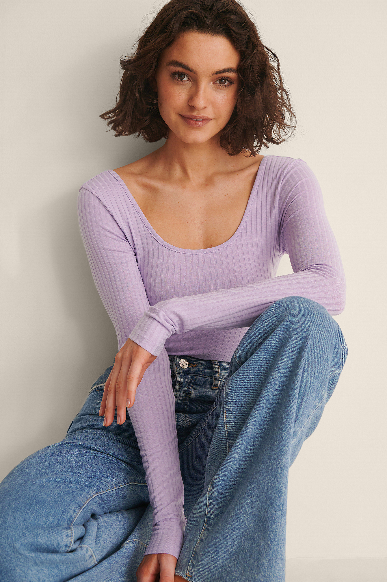 Deep Round Neck Rib Top Purple | NA-KD
