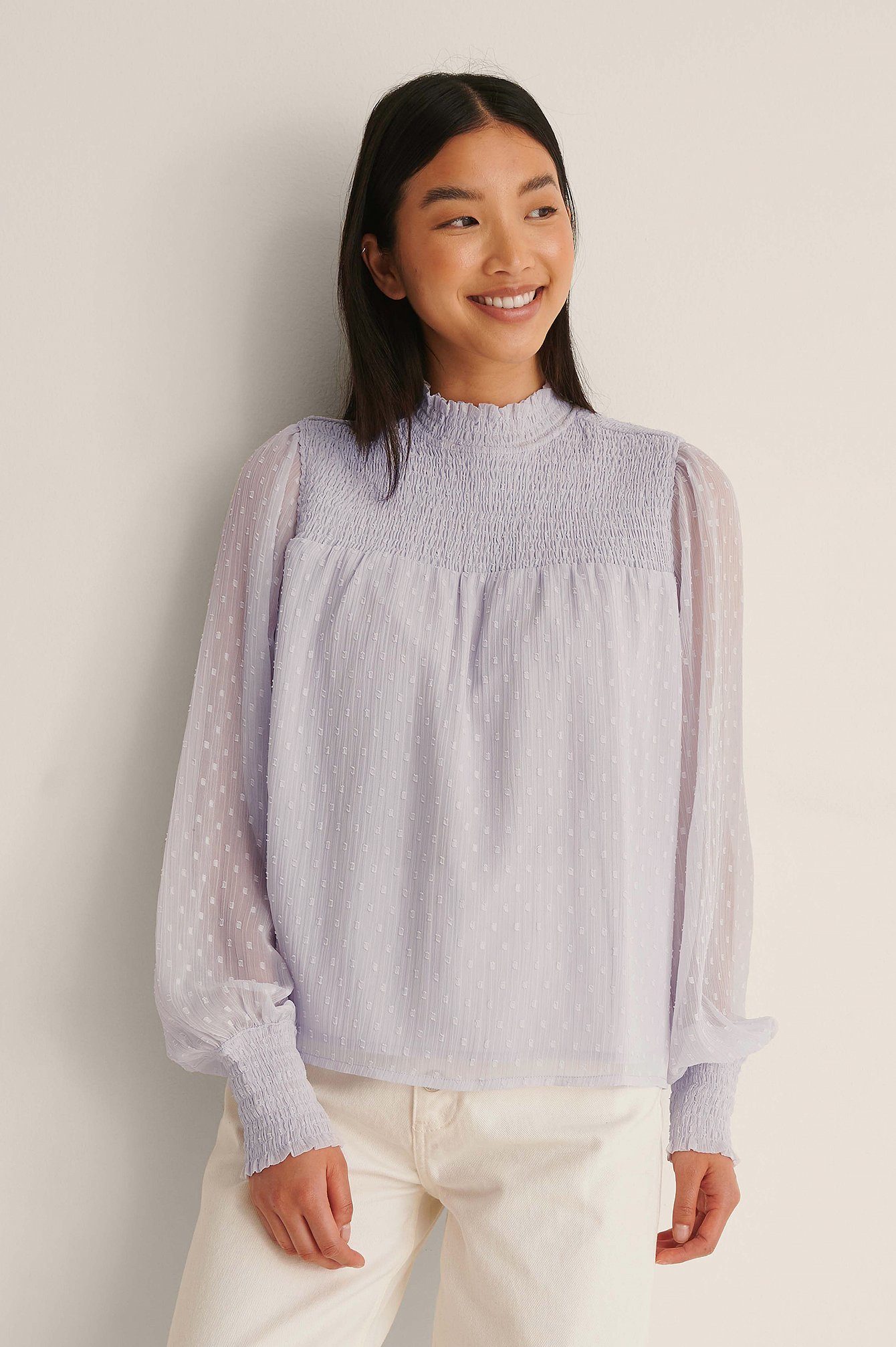 Lilac Recycled Dobby Smocked Frill Neck Blouse