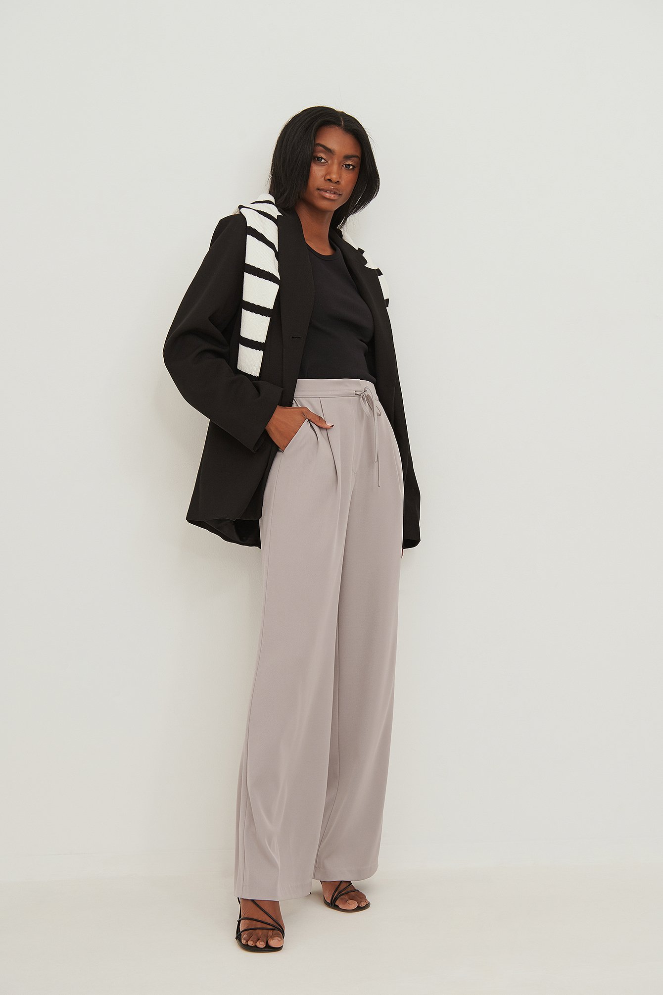 Light Grey Recycled Drawstring Detailed Wide Leg Suit Pants