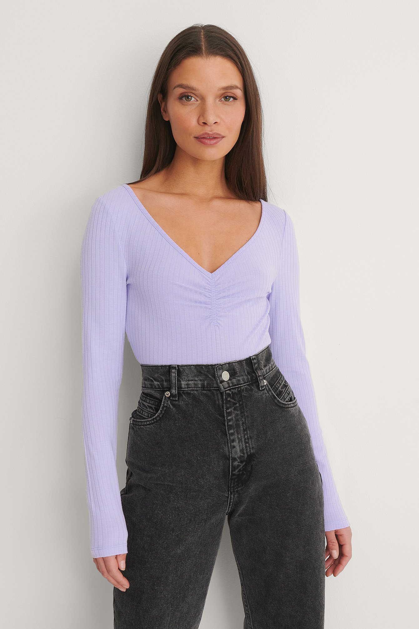 Lilac Front Rouched Ribbed Top